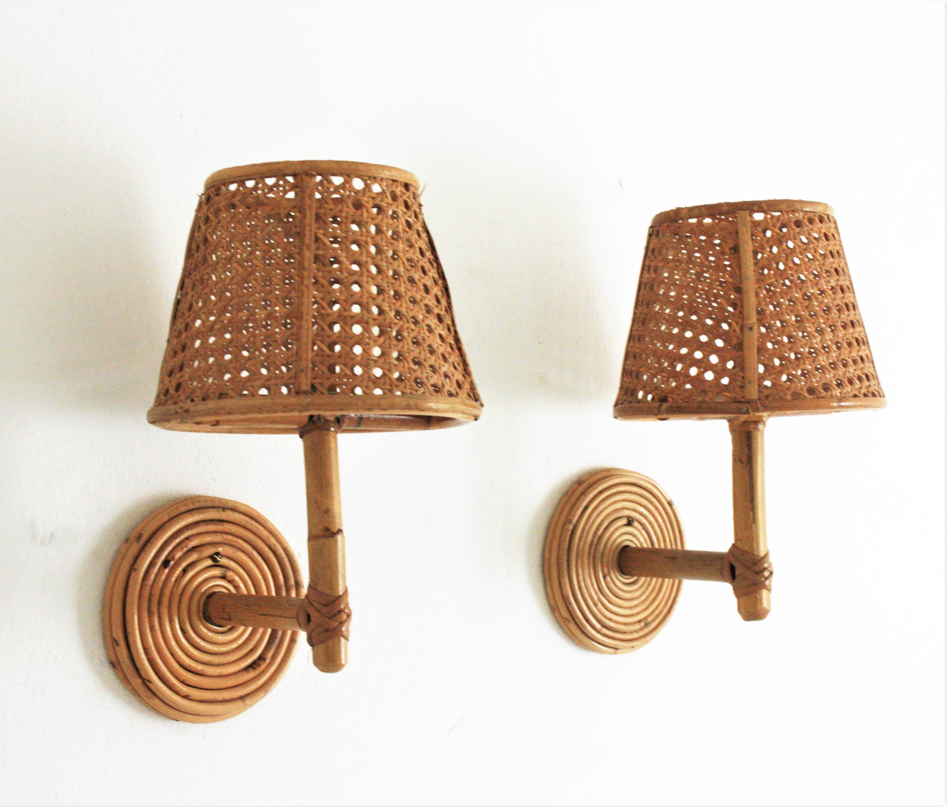 Pair of Italian Modern Woven Wicker Rattan and Bamboo Wall Lights with Shades 3