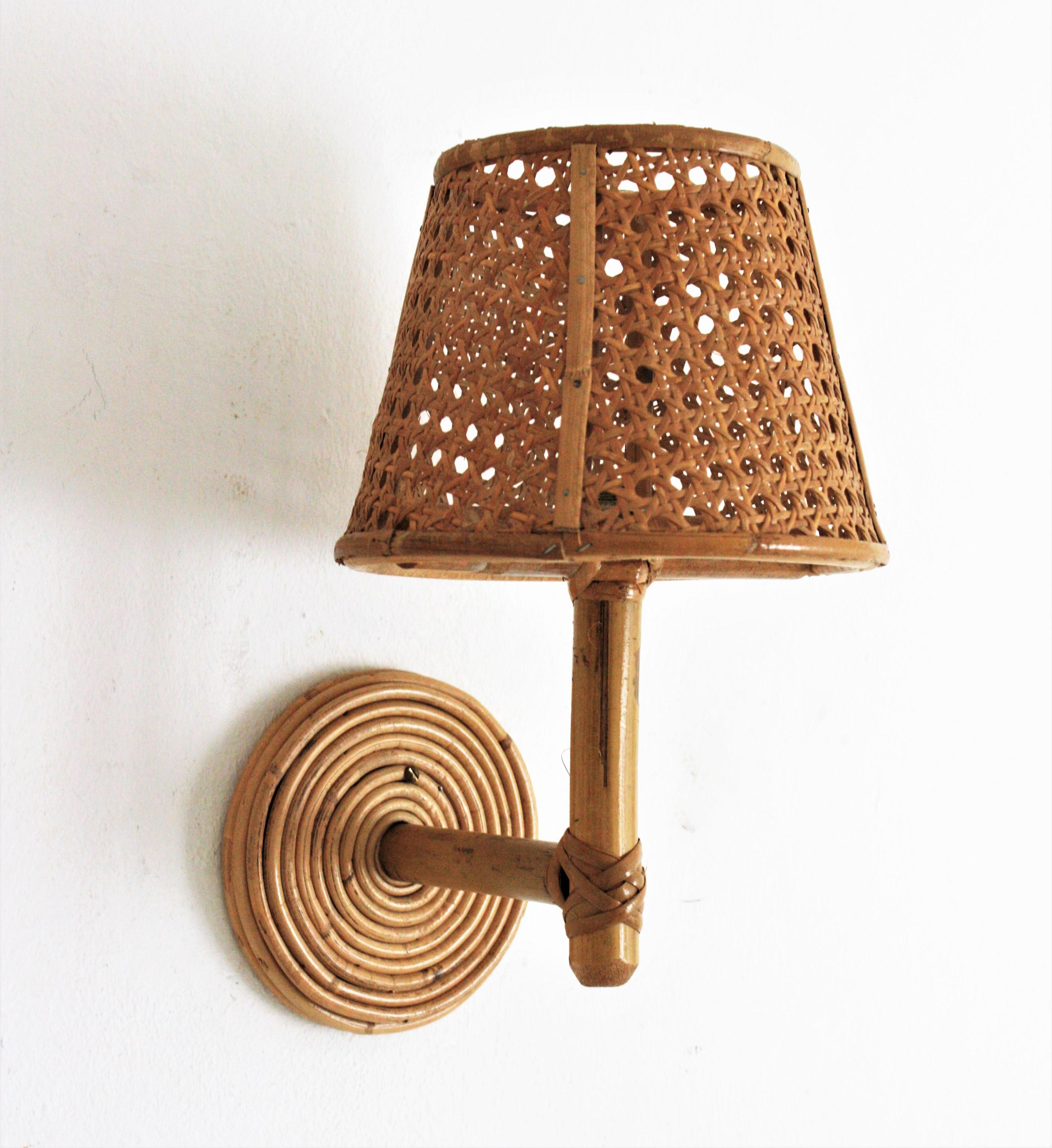 Pair of Italian Modern Woven Wicker Rattan and Bamboo Wall Lights with Shades 4