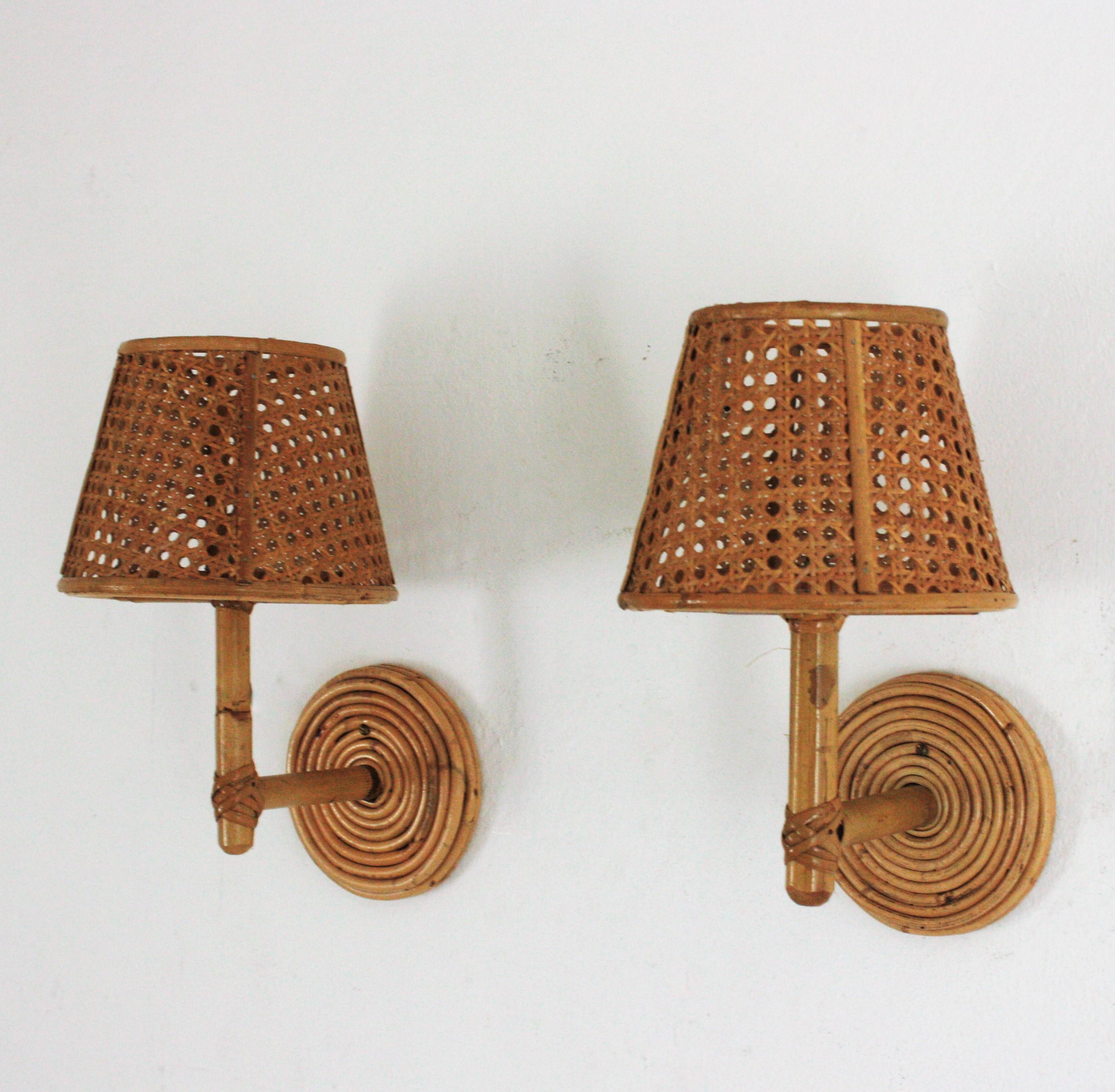 Pair of Italian Modern Woven Wicker Rattan and Bamboo Wall Lights with Shades 6