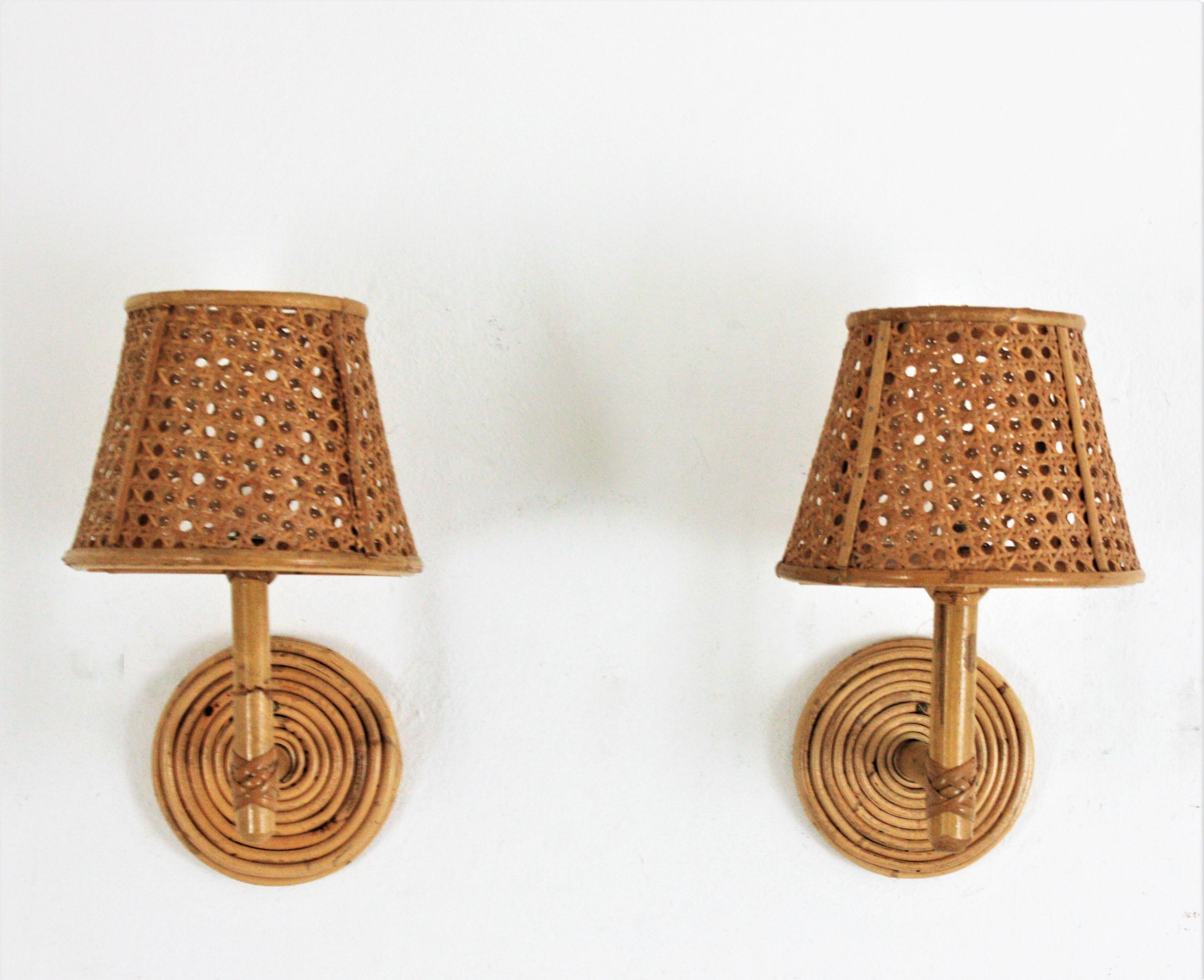 Pair of Italian Modern Woven Wicker Rattan and Bamboo Wall Lights with Shades 7