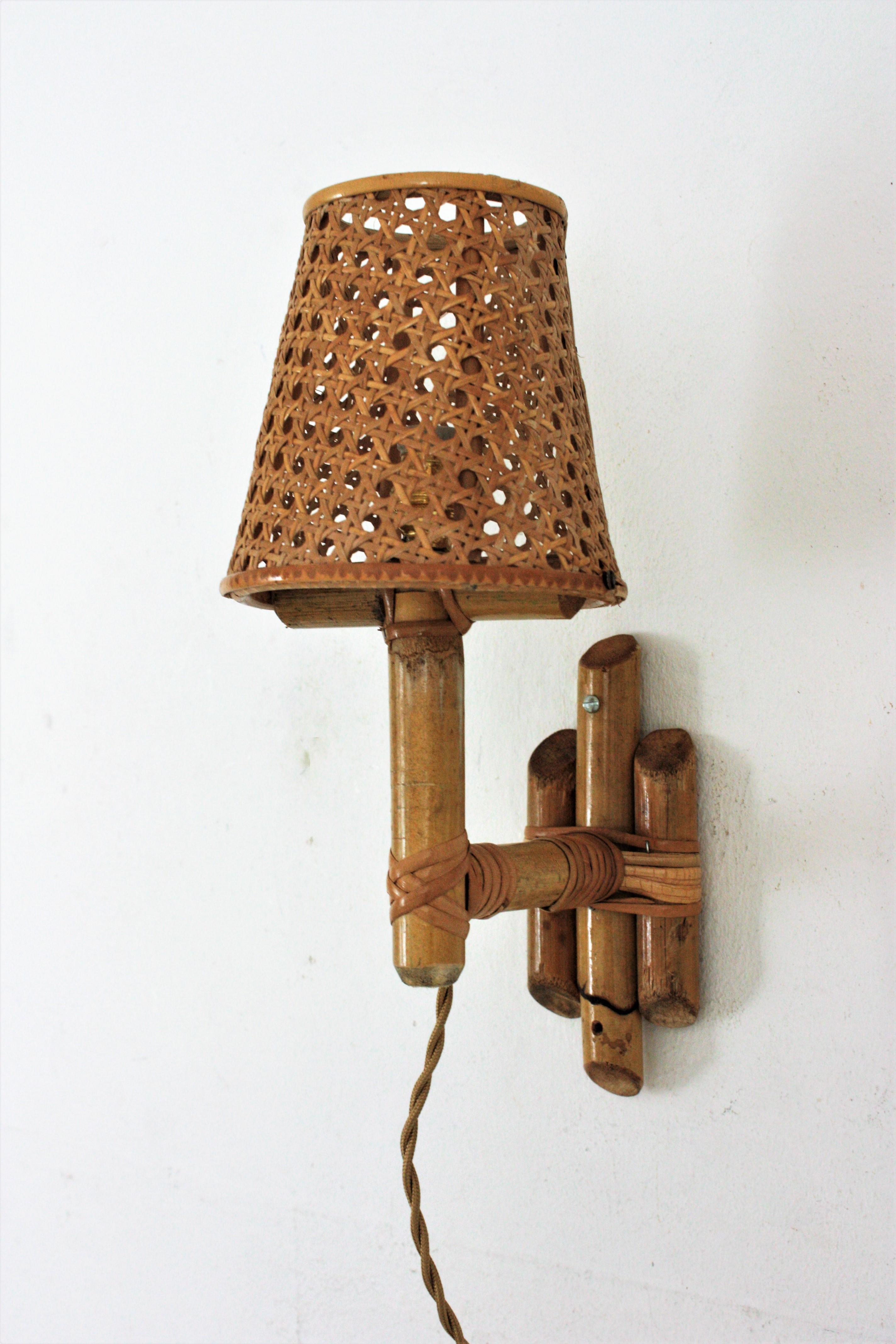 Cane Pair of Italian Modern Woven Wicker Rattan and Bamboo Wall Lights with Shades For Sale