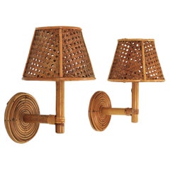 Pair of Italian Modern Woven Wicker Rattan and Bamboo Wall Lights with Shades