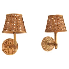 Pair of Italian Modern Woven Wicker Rattan and Bamboo Wall Lights with Shades