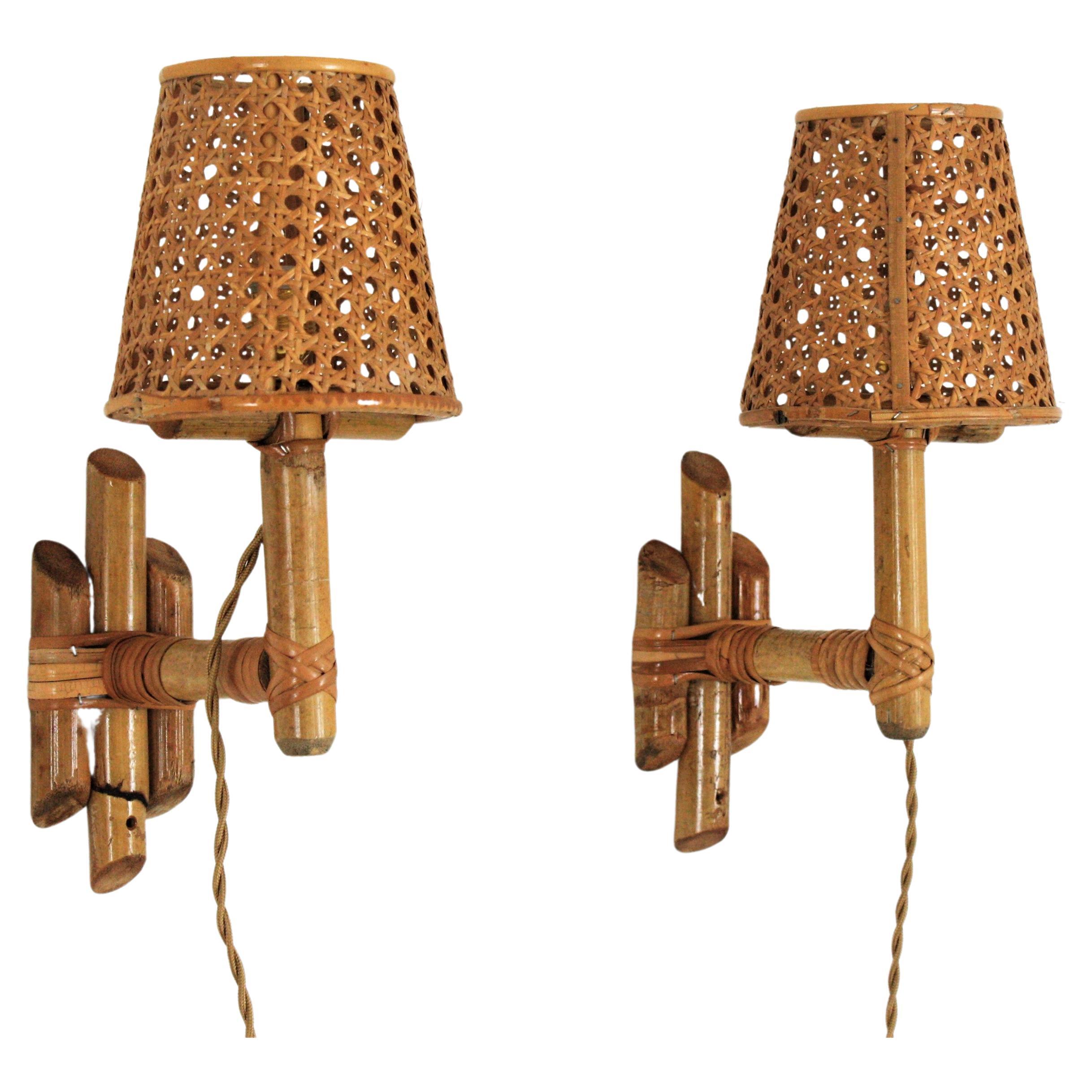 Pair of Italian Modern Woven Wicker Rattan and Bamboo Wall Lights with Shades For Sale
