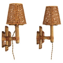 Vintage Pair of Italian Modern Woven Wicker Rattan and Bamboo Wall Lights with Shades