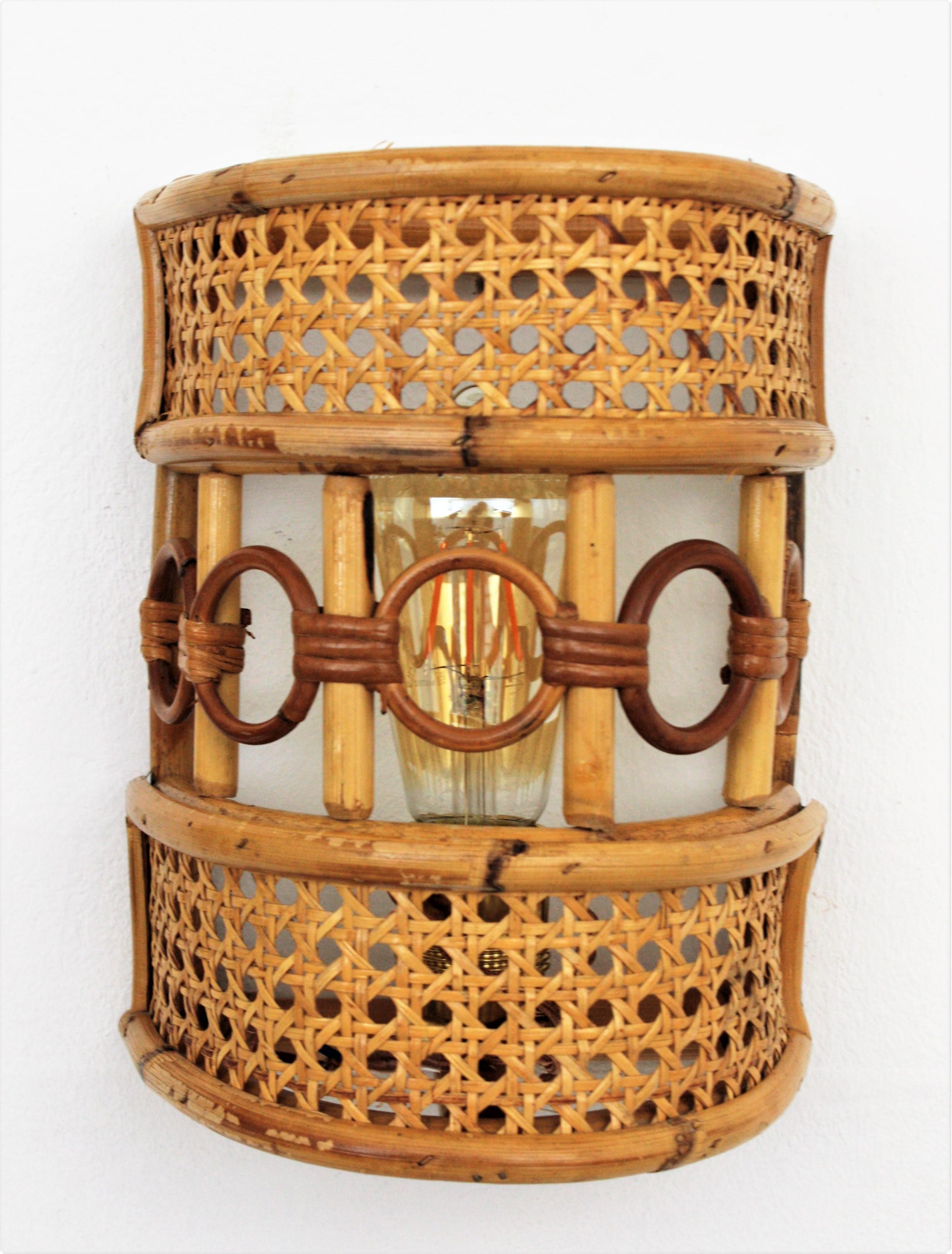Rattan and Woven Wicker Italian Modern Wall Sconces, Pair 2