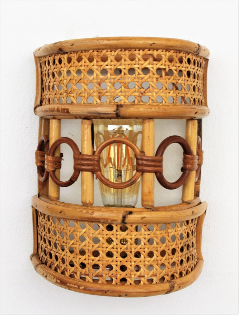 Rattan and Woven Wicker Italian Modern Wall Sconces, Pair at 1stDibs