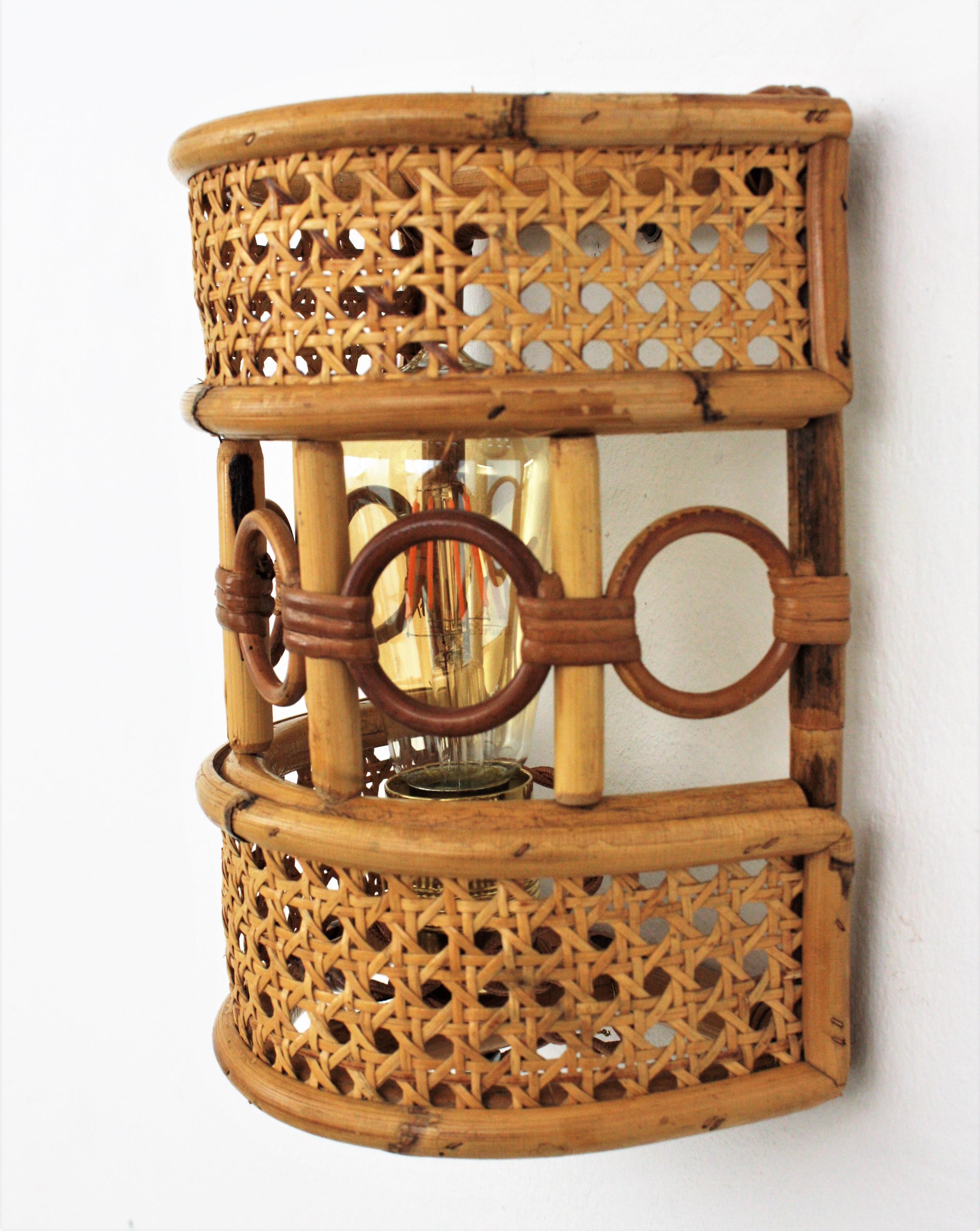 Rattan and Woven Wicker Italian Modern Wall Sconces, Pair 3