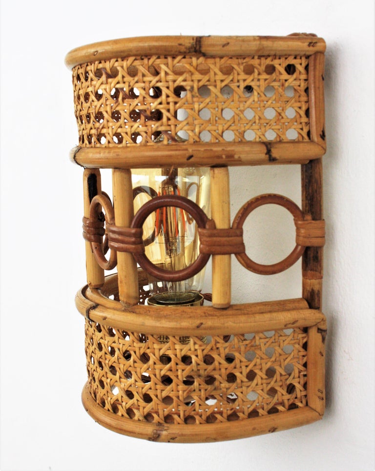 Rattan and Woven Wicker Italian Modern Wall Sconces, Pair at 1stDibs