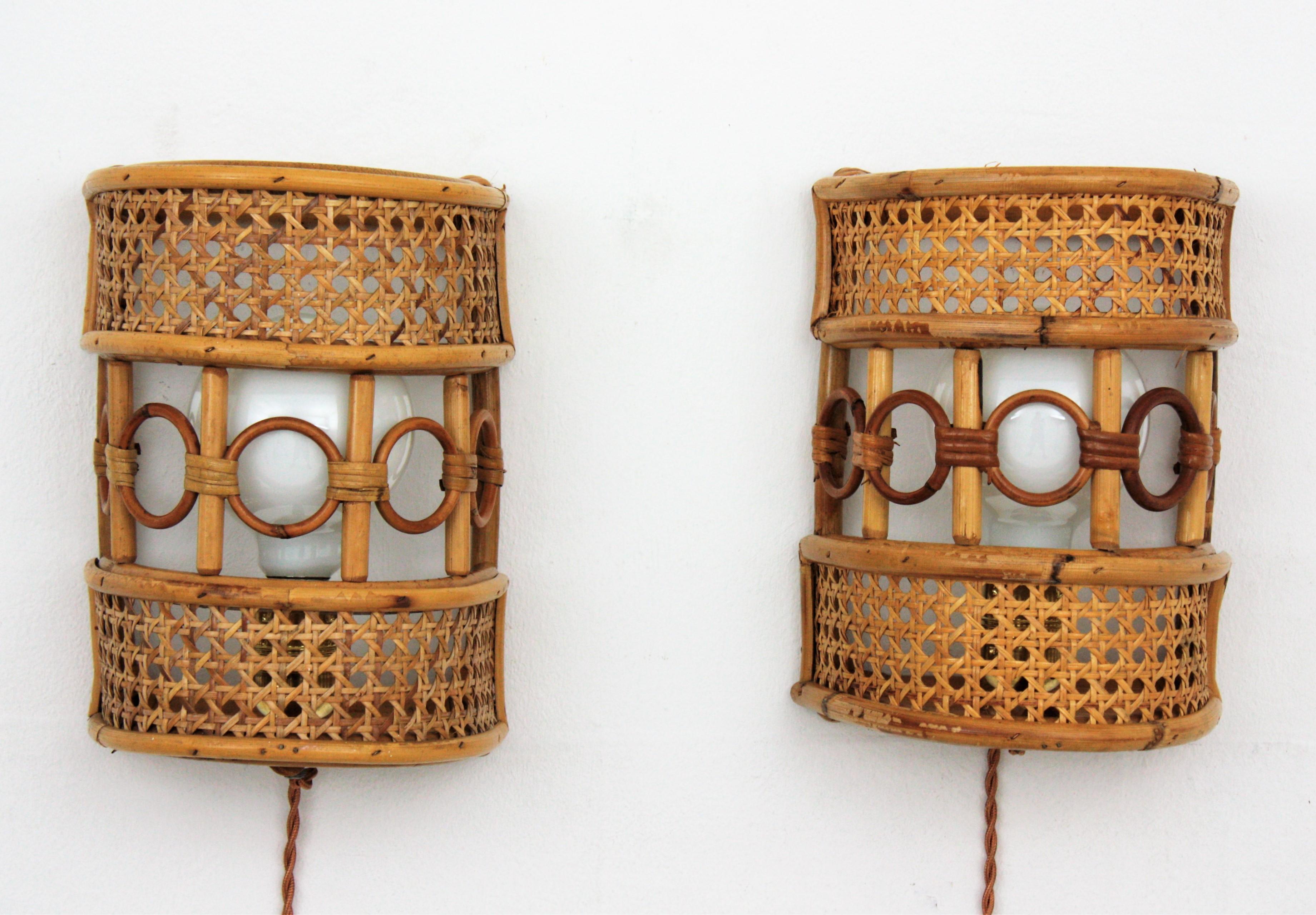 Rattan and Woven Wicker Italian Modern Wall Sconces, Pair 5