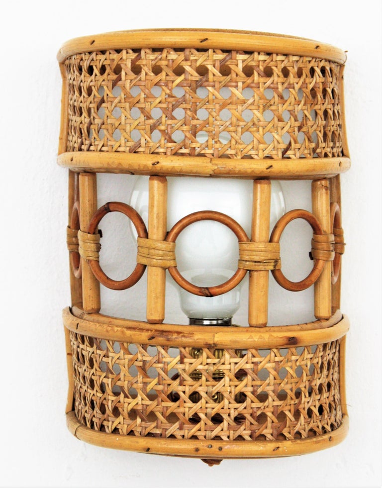 Rattan and Woven Wicker Italian Modern Wall Sconces, Pair at 1stDibs
