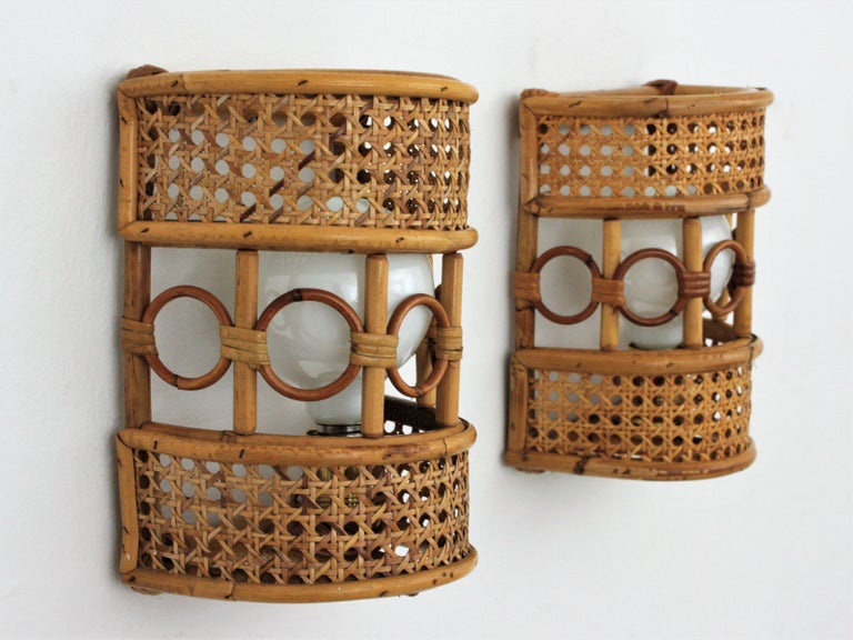 Rattan and Woven Wicker Italian Modern Wall Sconces, Pair at 1stDibs
