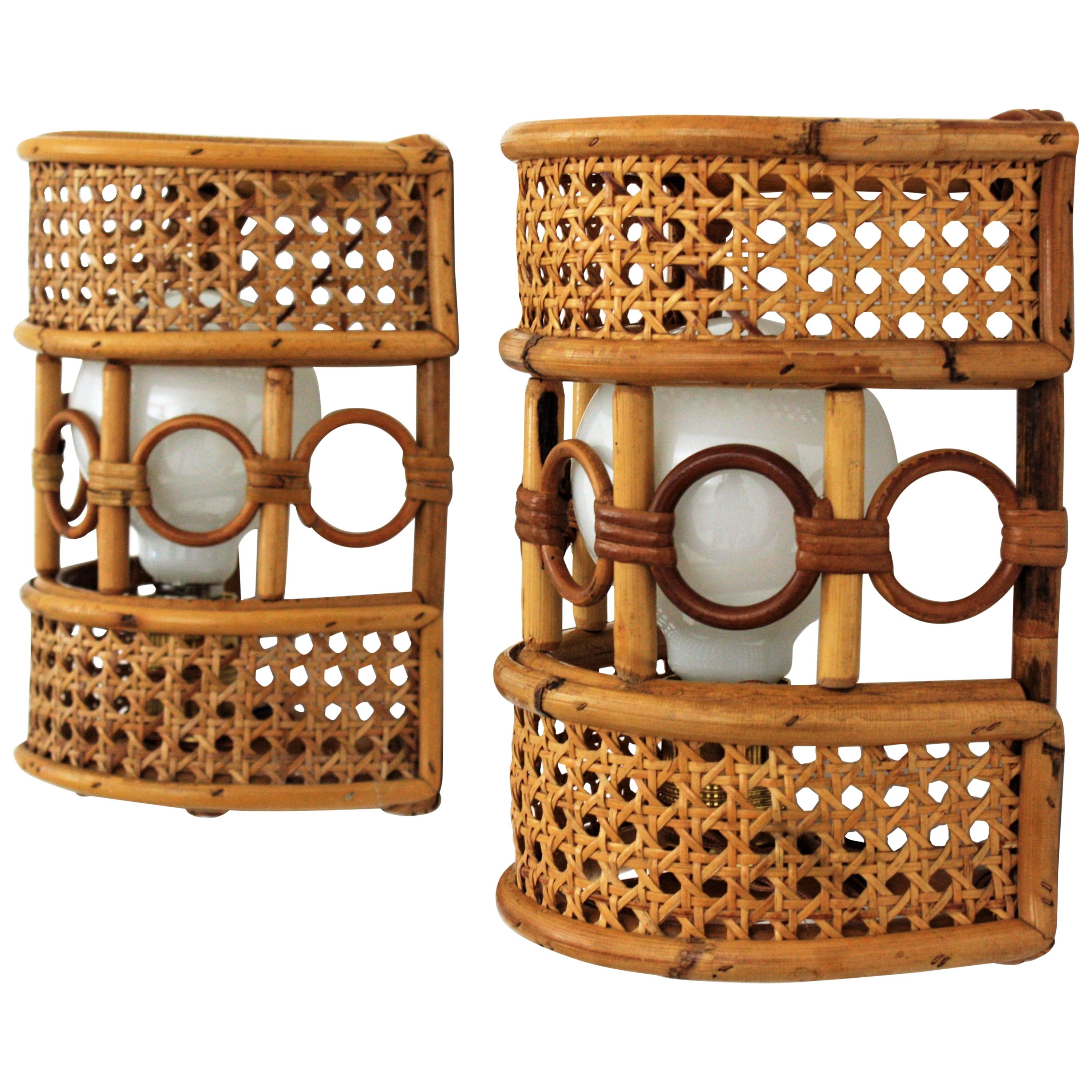Rattan and Woven Wicker Italian Modern Wall Sconces, Pair