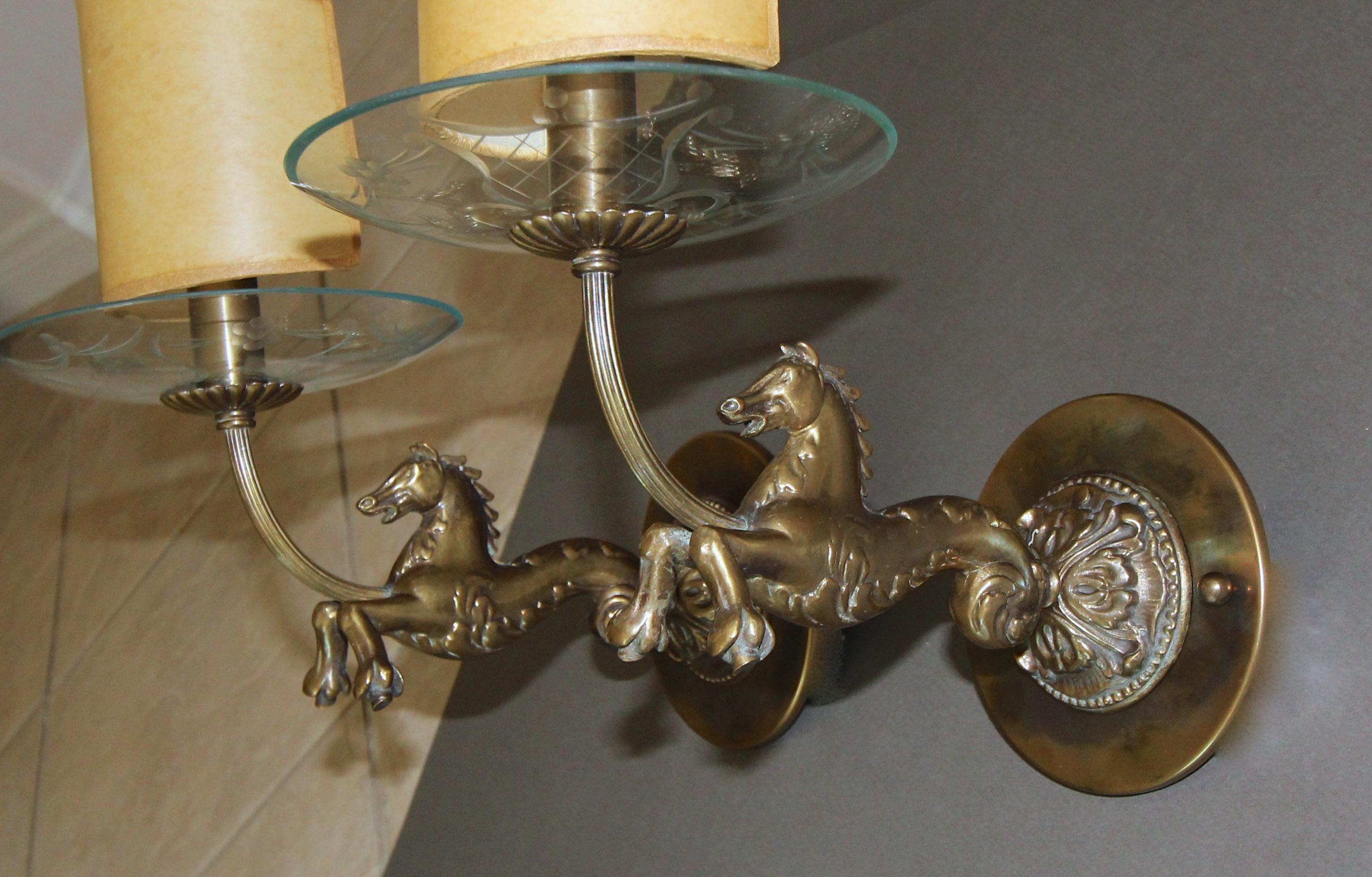 Pair of Italian Moderne Bronze Horse Sconces For Sale 1