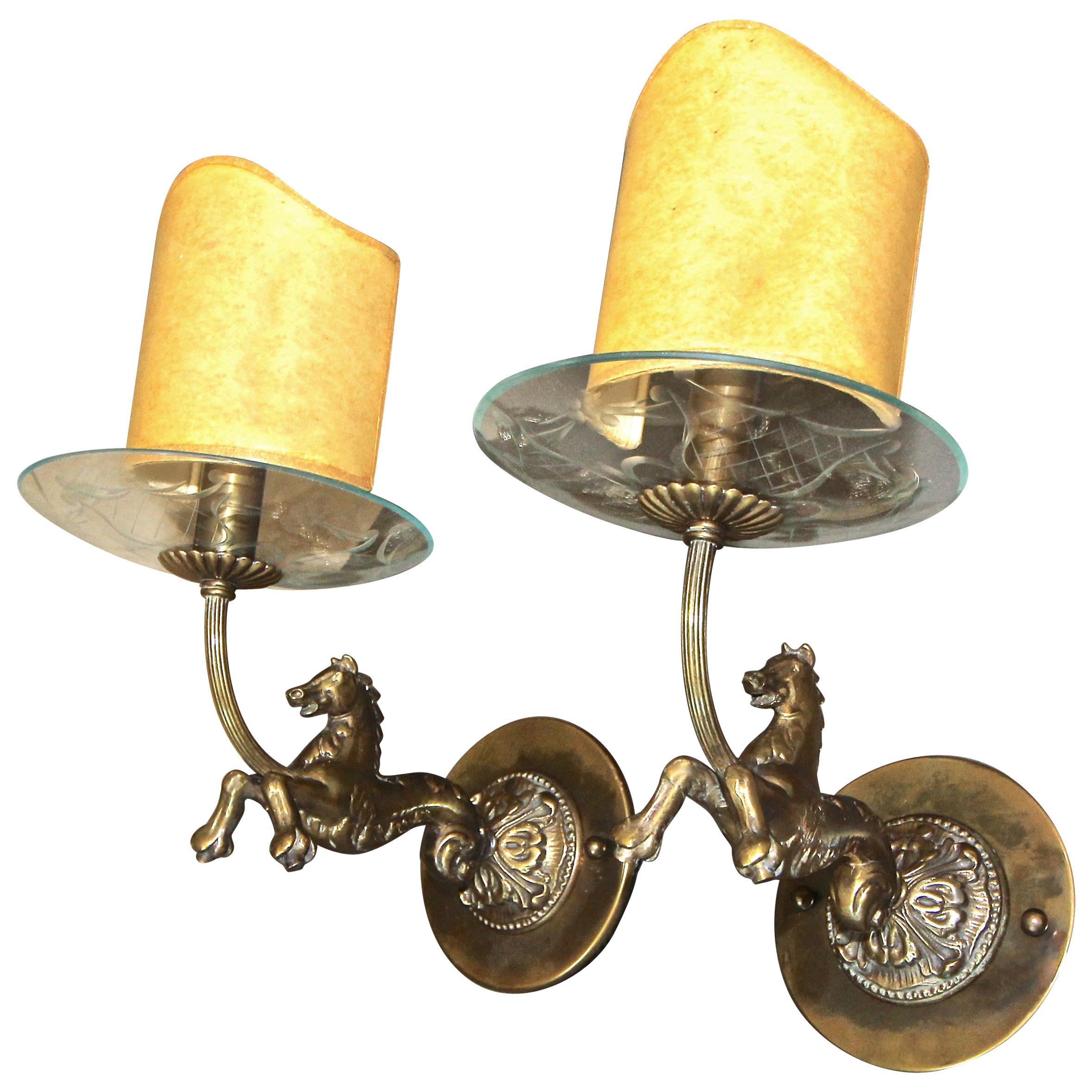 Pair of Italian Moderne Bronze Horse Sconces