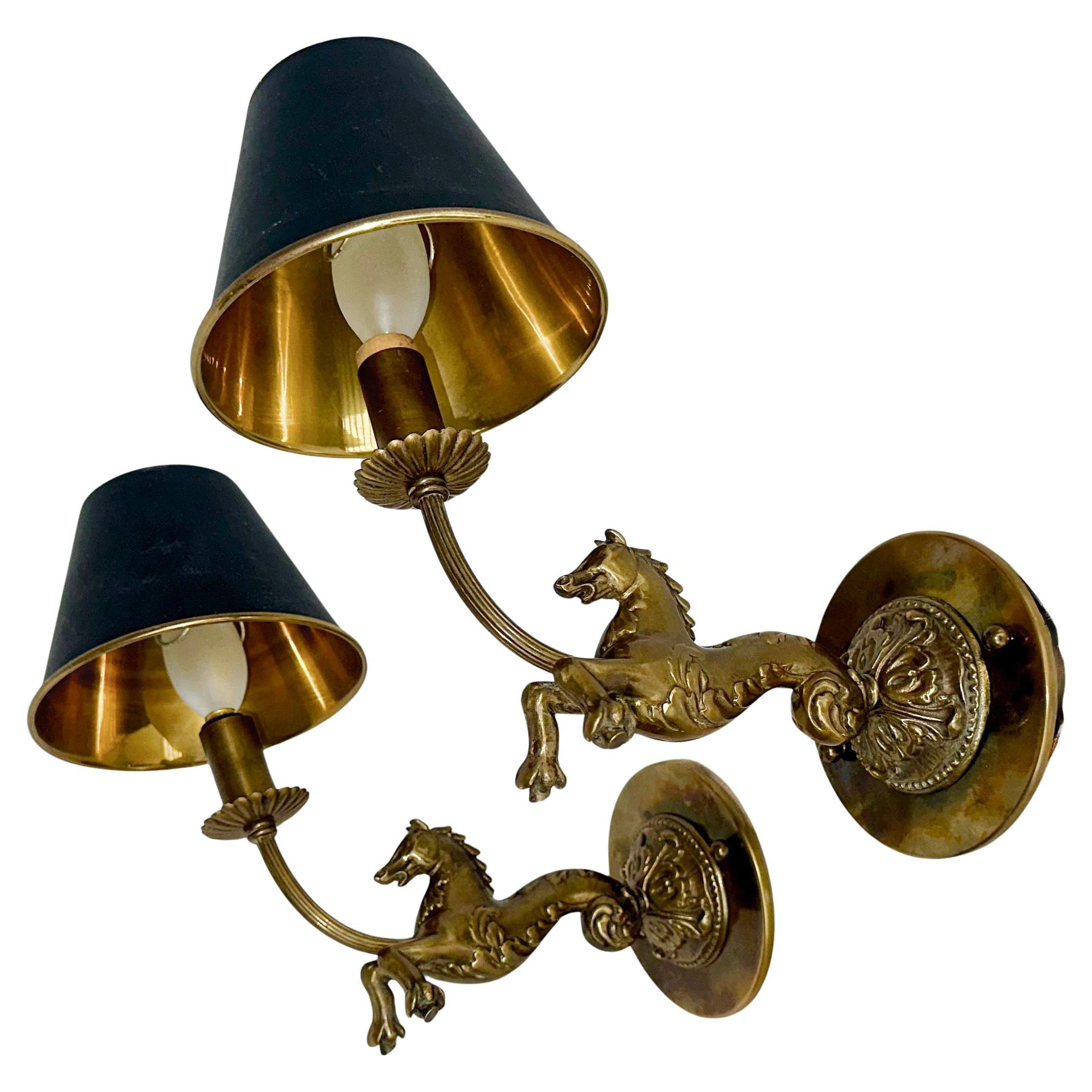 Pair French Bronze Horse Equestrian Wall Sconce Lights en vente
