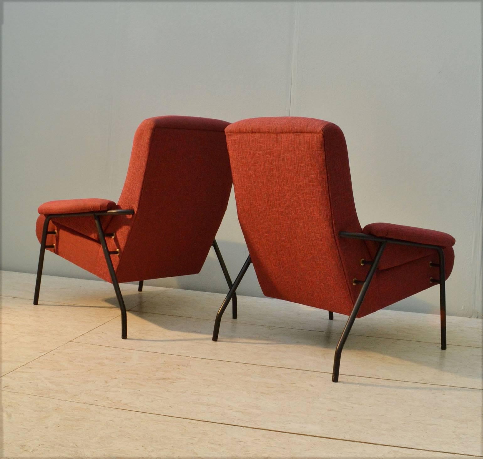 Mid-Century Modern Pair Modernist Lounge Chairs in Burnt Orange Italy 1960's