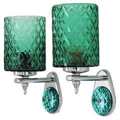 Pair of Italian Modernist Aqua Green Glass and Chrome Cylindrical Wall Sconces