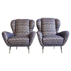 Pair of Italian Modernist Armchairs with Slim Brass Feet
