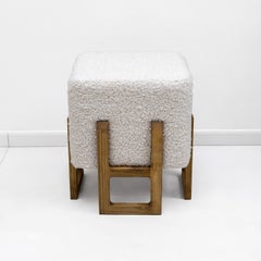 Pair of Italian Modernist Ash Wood Stools Upholstered in White Bouclé