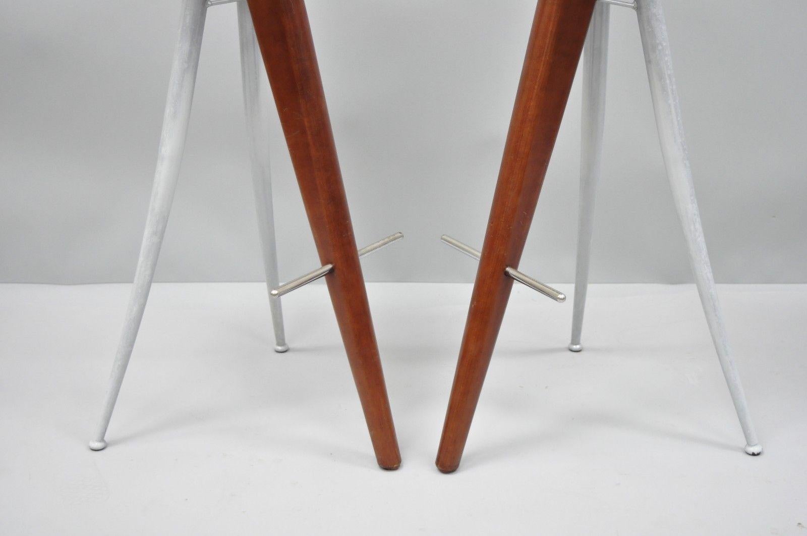 Pair of Italian Modernist Bar Stools Barstools Wood and Metal Mid-Century Modern 6