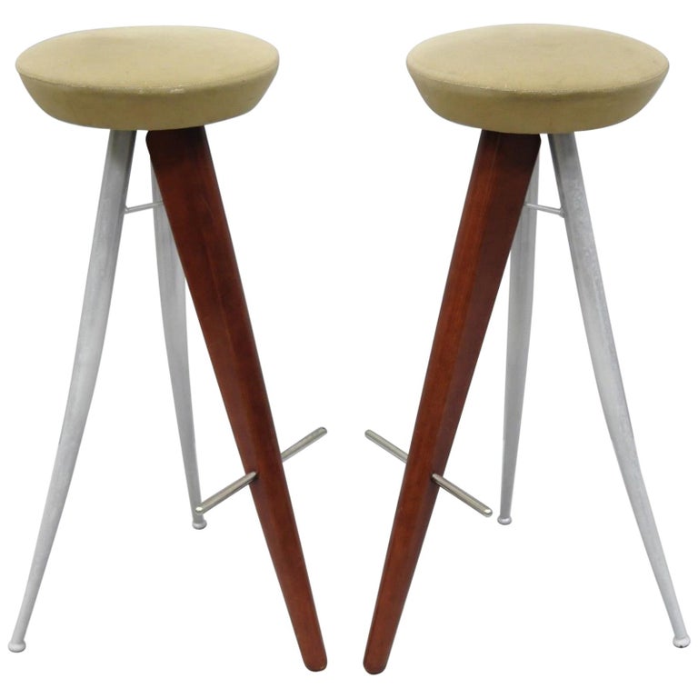 Pair of Italian Modernist Bar Stools Barstools Wood and Metal Mid