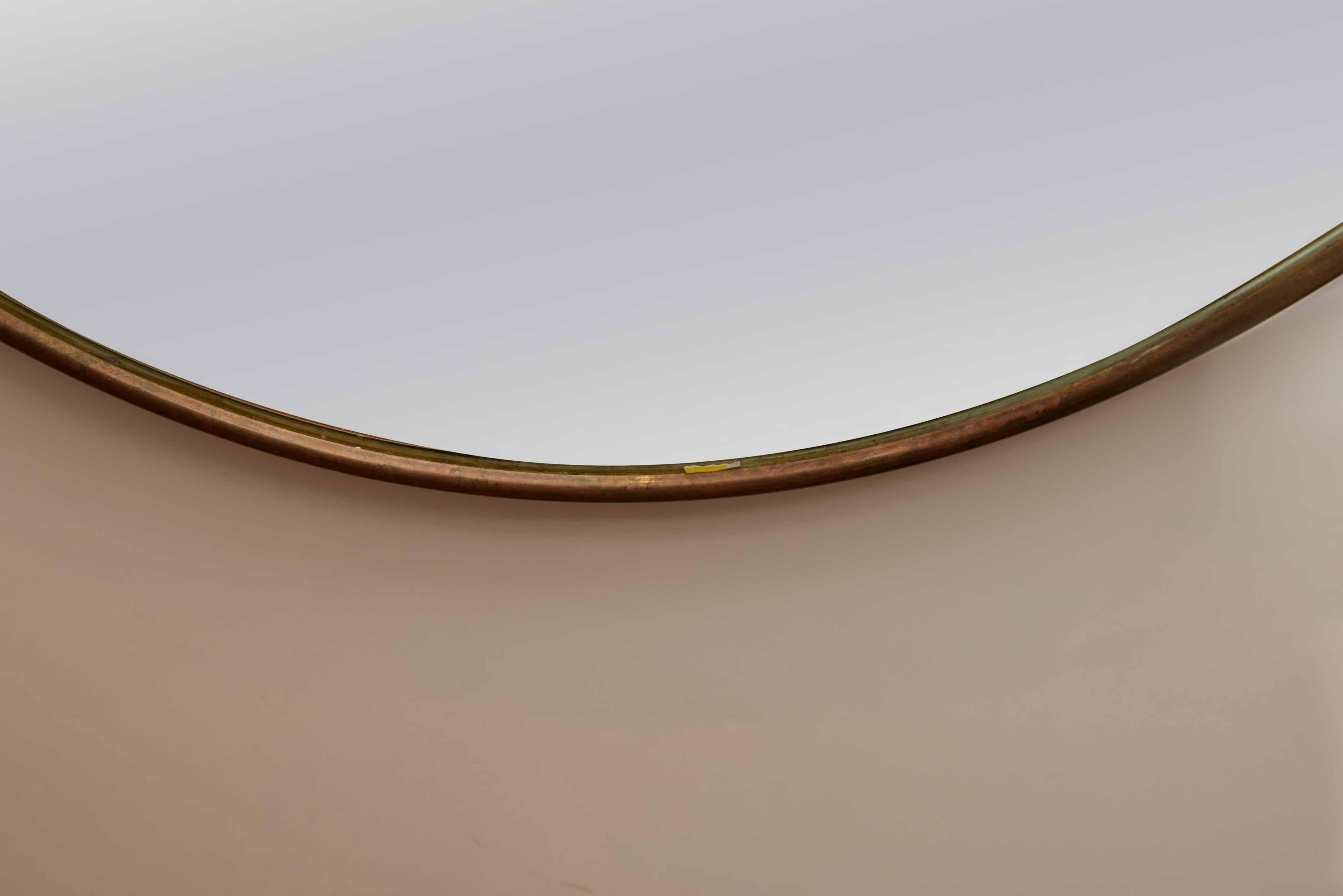 Mid-Century Modern Pair of Italian Modernist Brass Oval Grand Scale Wall Mirrors, Italy, circa 1950 For Sale