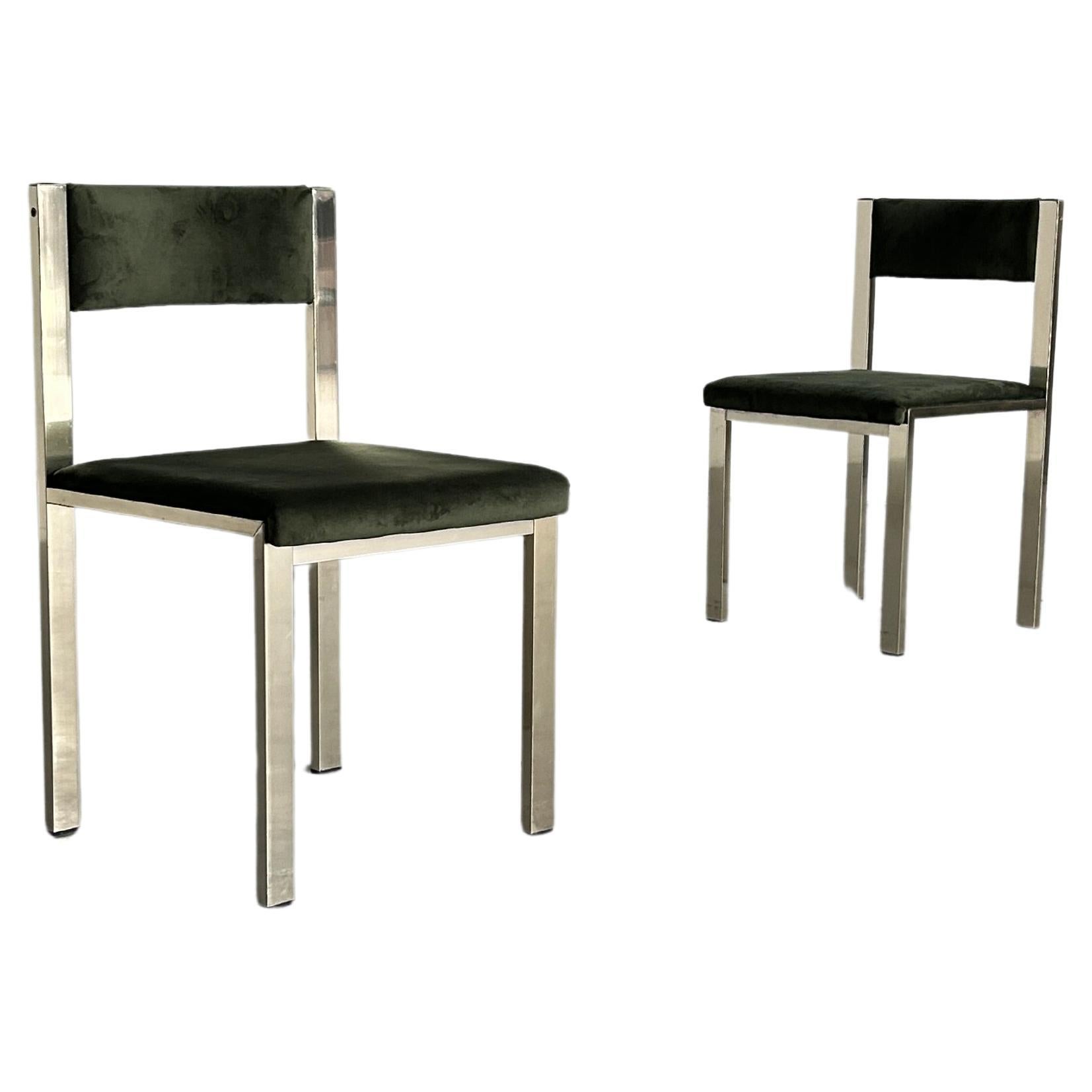 Pair of Italian Modernist Chairs in Chrome Metal and Green Velvet by Interoffice