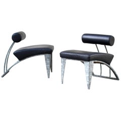 Pair of Italian Modernist Galvanized Steel and Leather Lounge Chairs