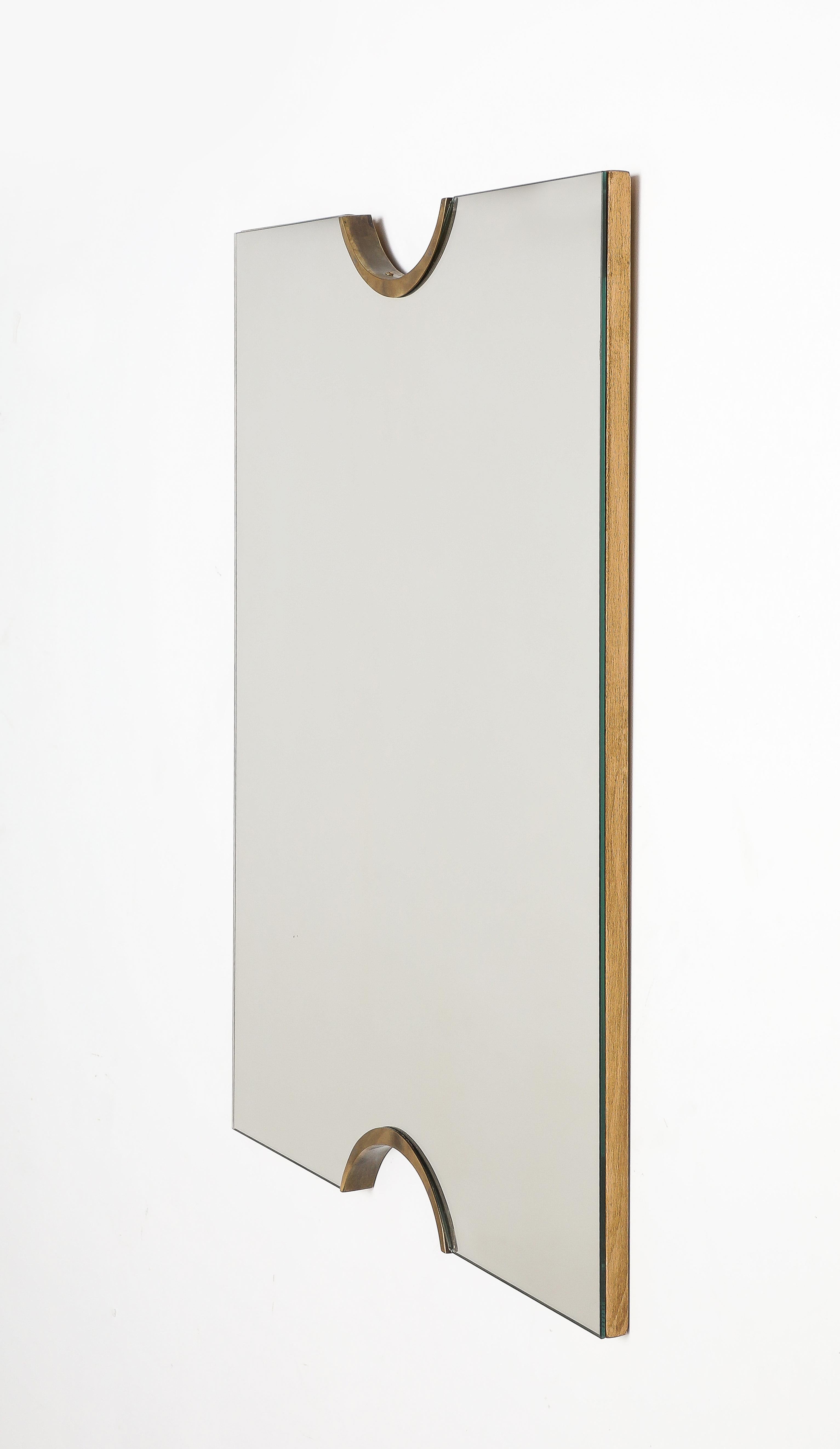 Pair of Italian Modernist Glass and Brass Wall Mirrors, circa 1970  5
