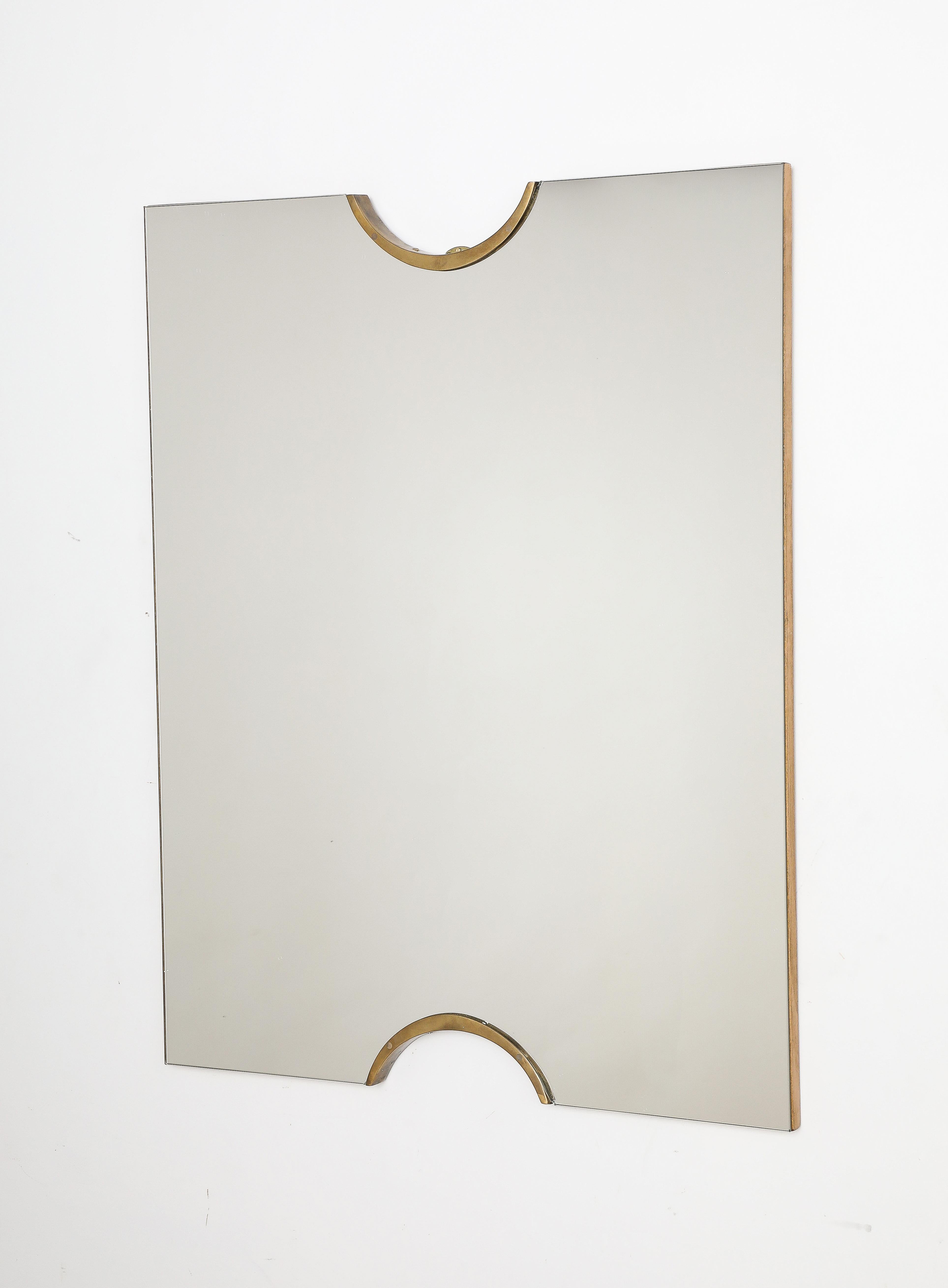 Pair of Italian Modernist Glass and Brass Wall Mirrors, circa 1970  9