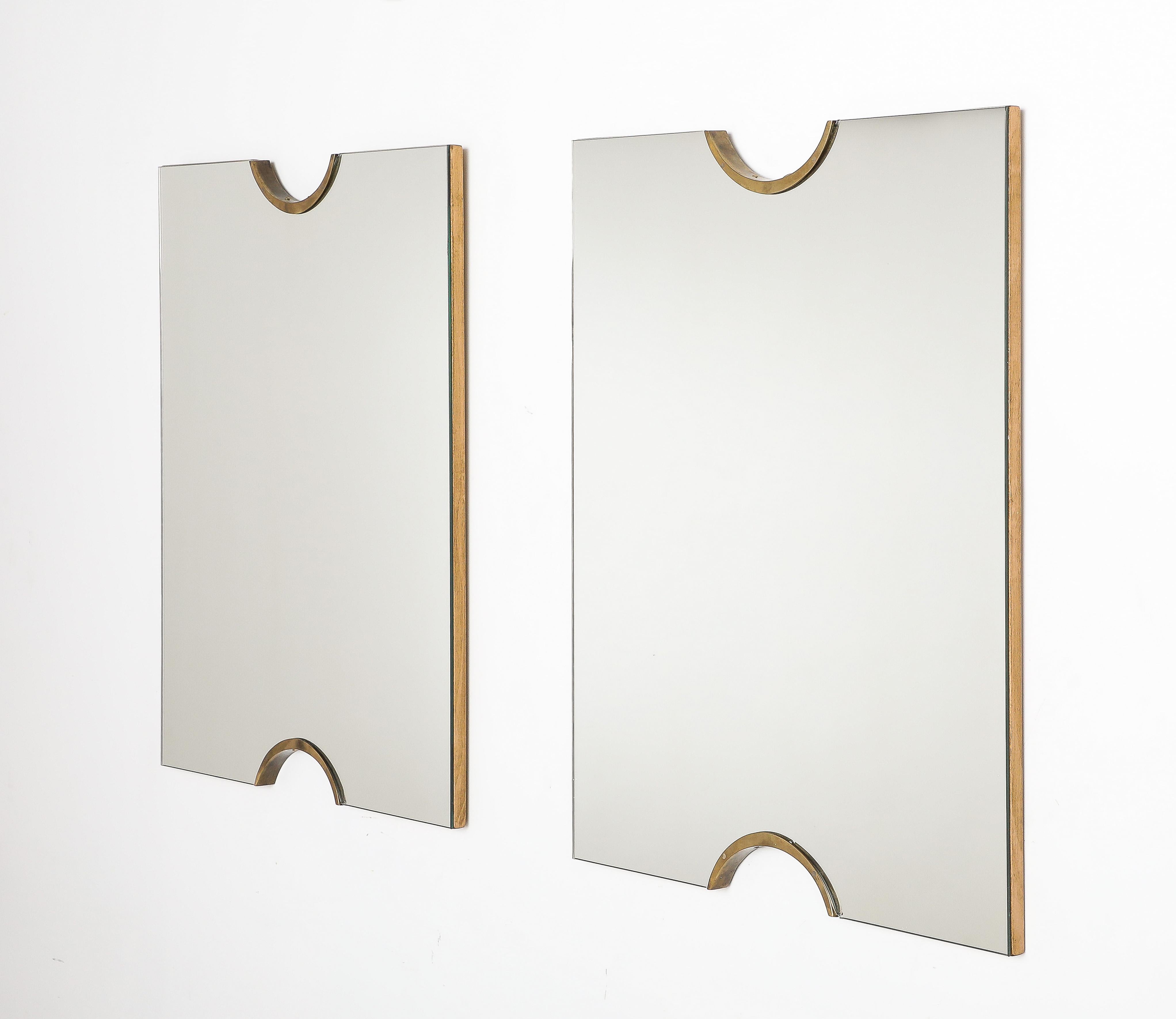 Mid-Century Modern Pair of Italian Modernist Glass and Brass Wall Mirrors, circa 1970 