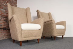 Pair of Italian Modernist High Back Lounge Chairs in Two-Tone Bouclé and Walnut