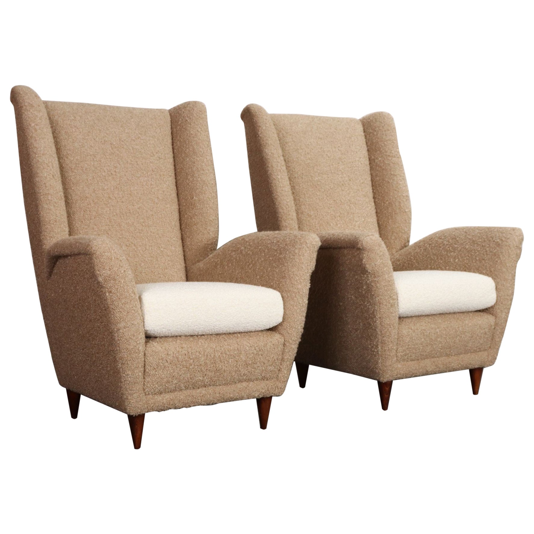 Pair of Italian Modernist High Back Lounge Chairs in Two-Tone Bouclé and Walnut