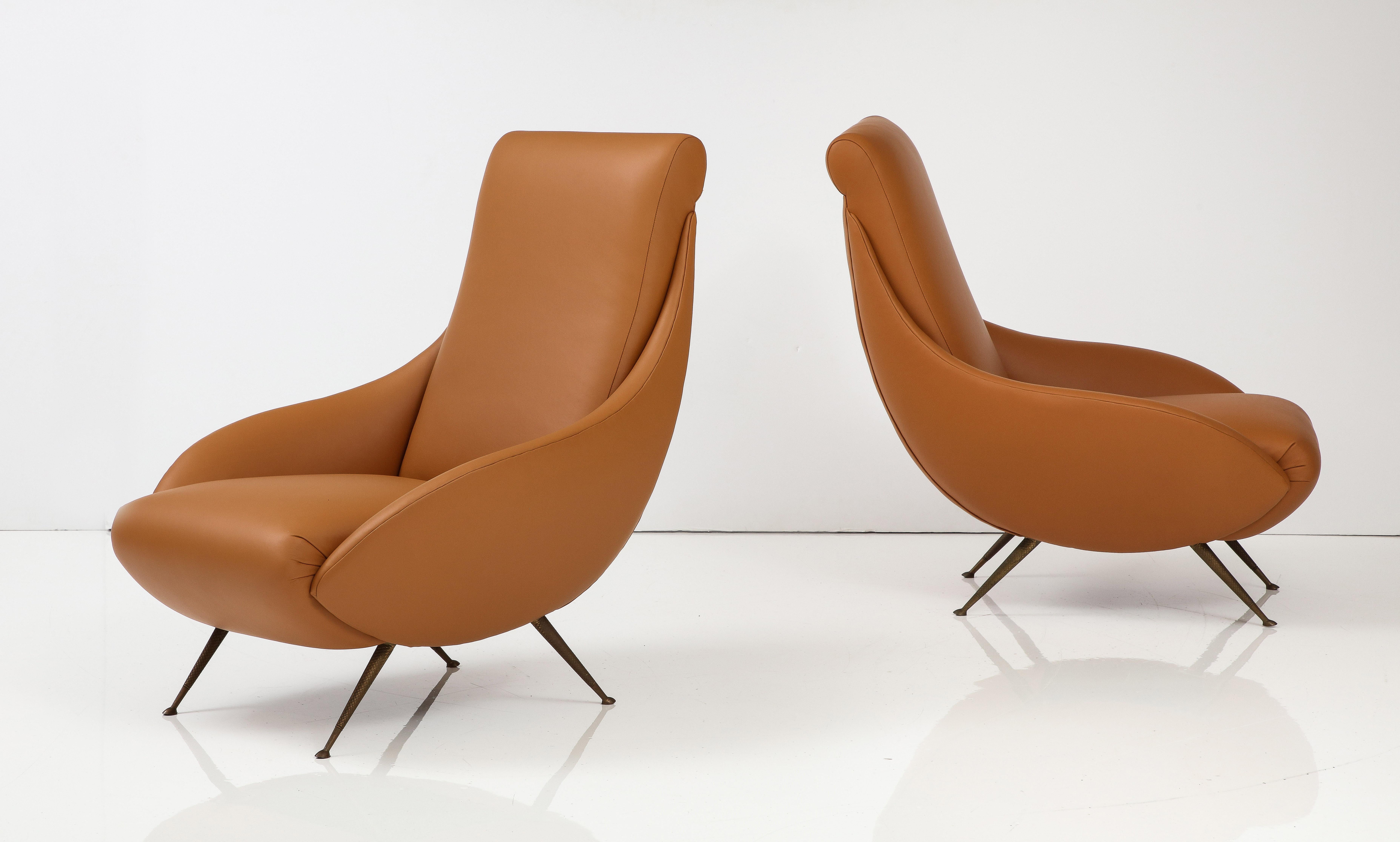 Metal Pair of Italian Modernist Leather Lounge, Slipper Chairs , Italy, circa 1950 For Sale