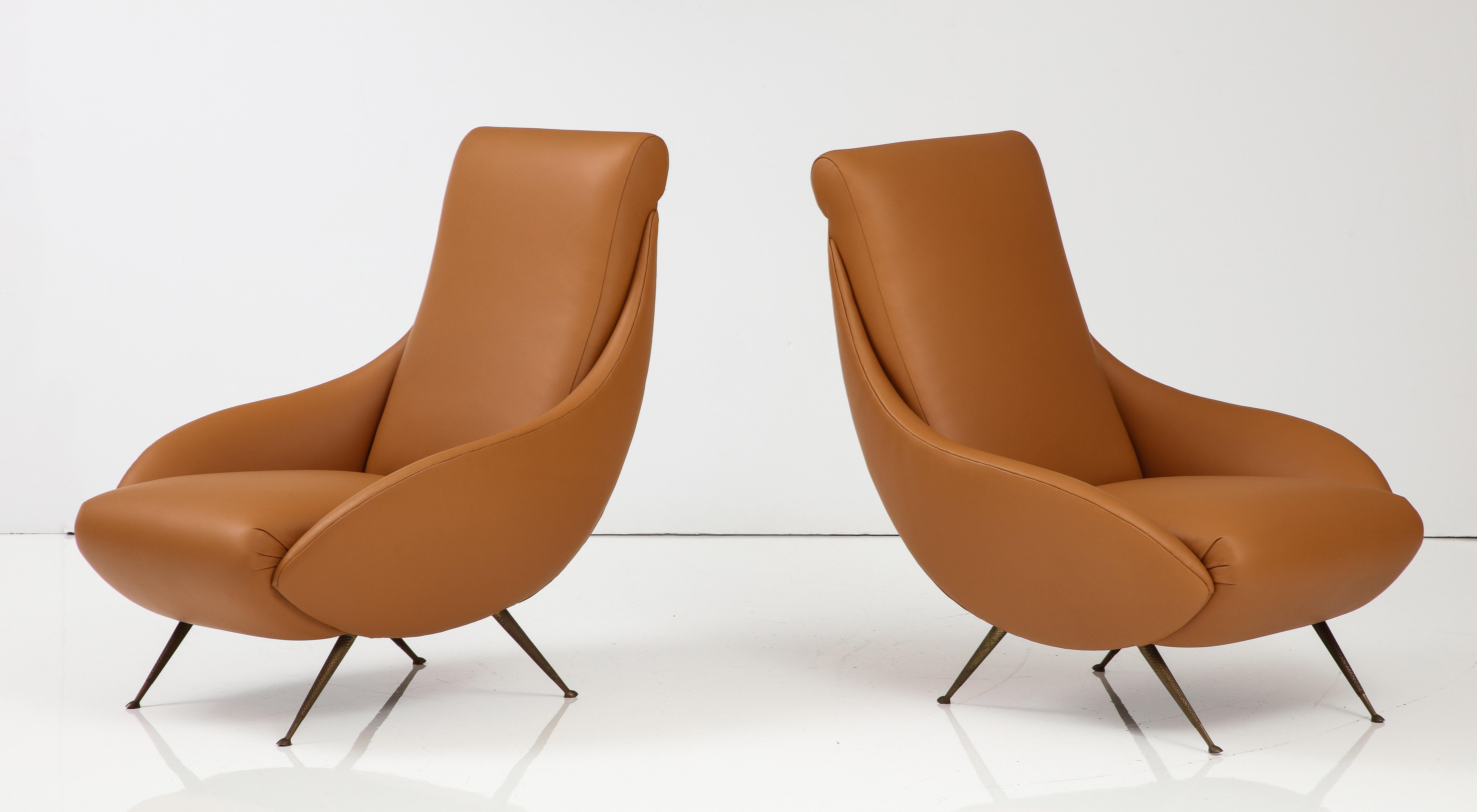 Pair of Italian Modernist Leather Lounge, Slipper Chairs , Italy, circa 1950 For Sale 2