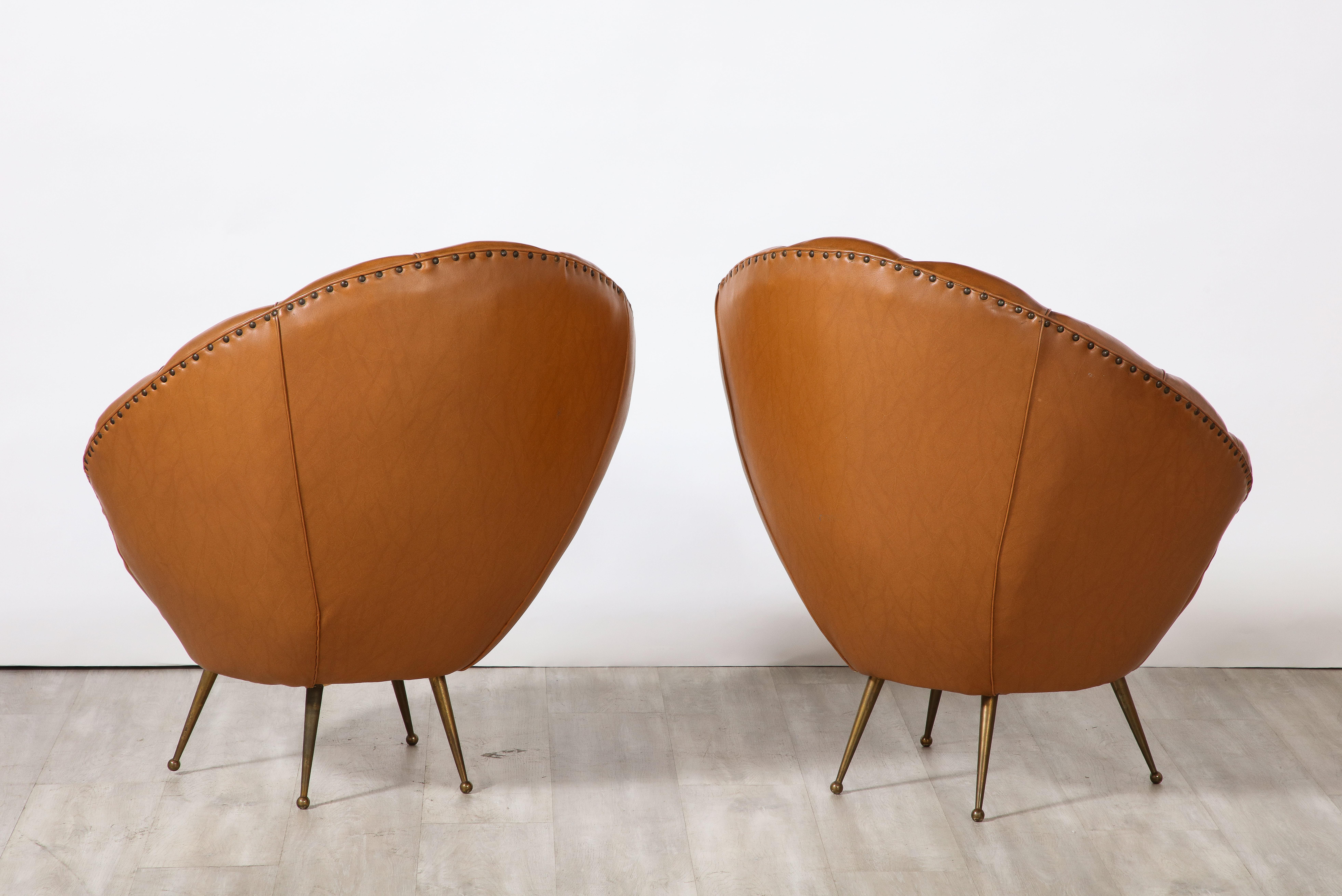 Pair of Italian Modernist Leather Scalloped Lounge Chairs, Circa 1950  4