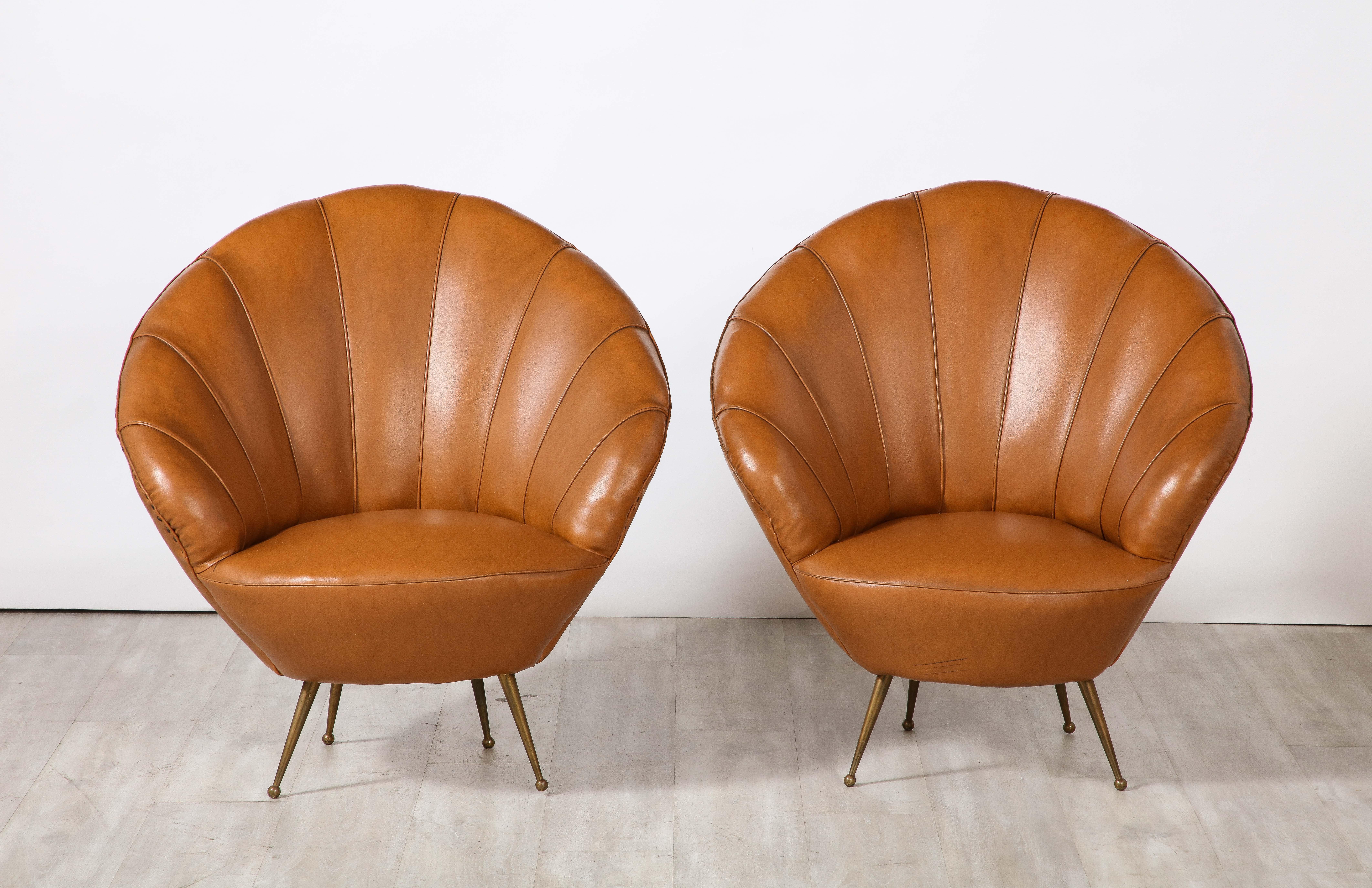 Mid-20th Century Pair of Italian Modernist Leather Scalloped Lounge Chairs, Circa 1950  For Sale