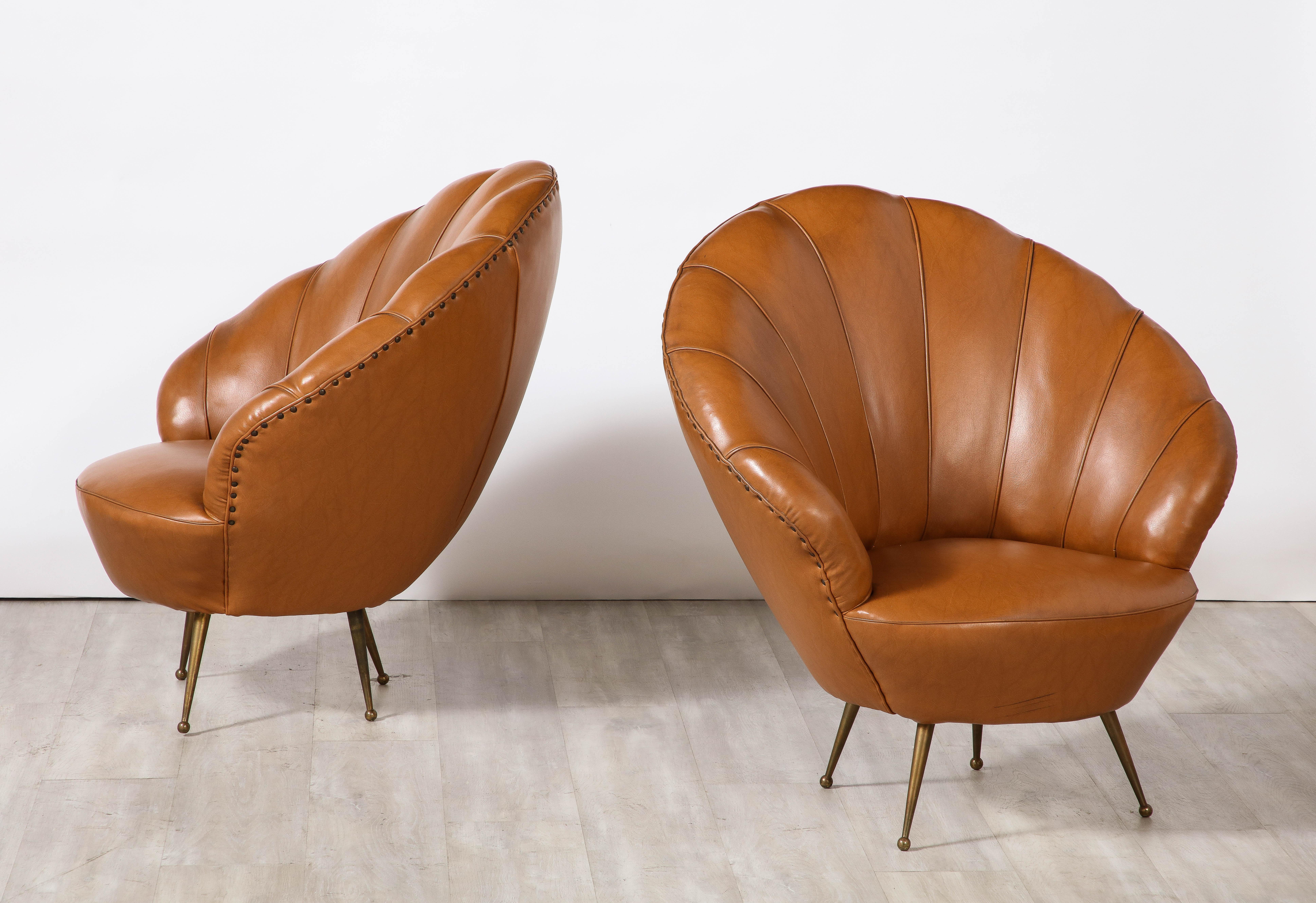 Brass Pair of Italian Modernist Leather Scalloped Lounge Chairs, Circa 1950 