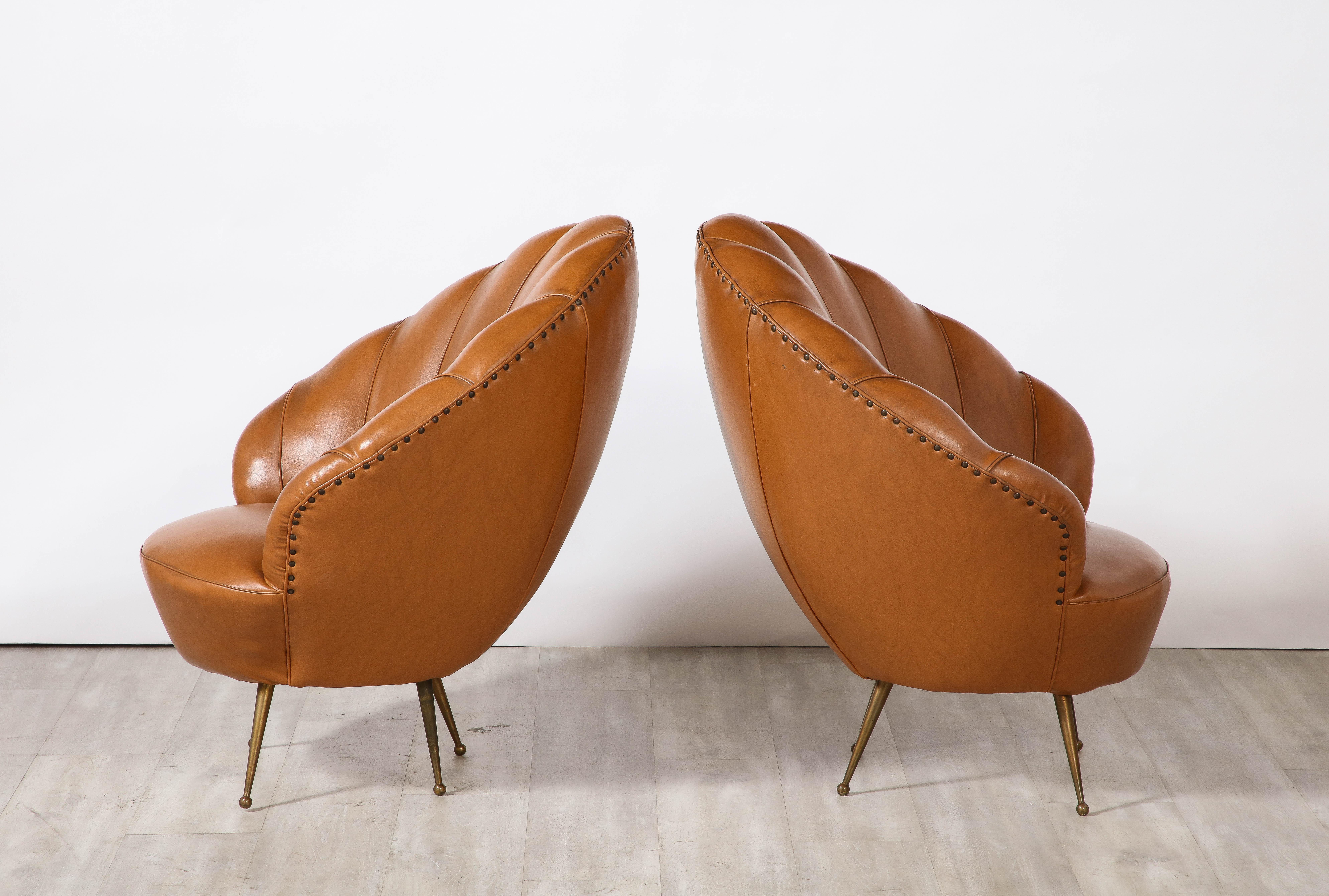 Pair of Italian Modernist Leather Scalloped Lounge Chairs, Circa 1950  For Sale 2