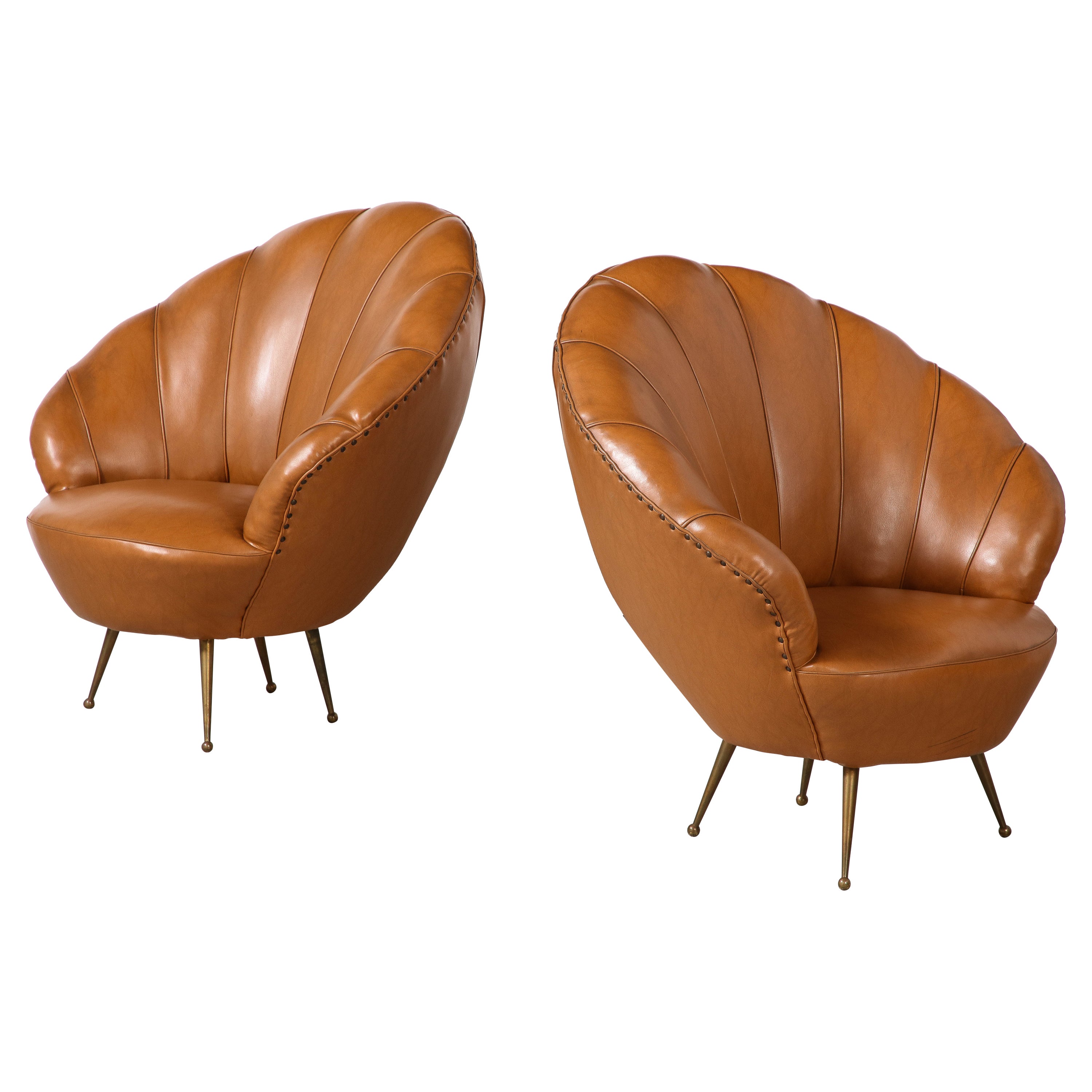 Pair of Italian Modernist Leather Scalloped Lounge Chairs, Circa 1950  For Sale