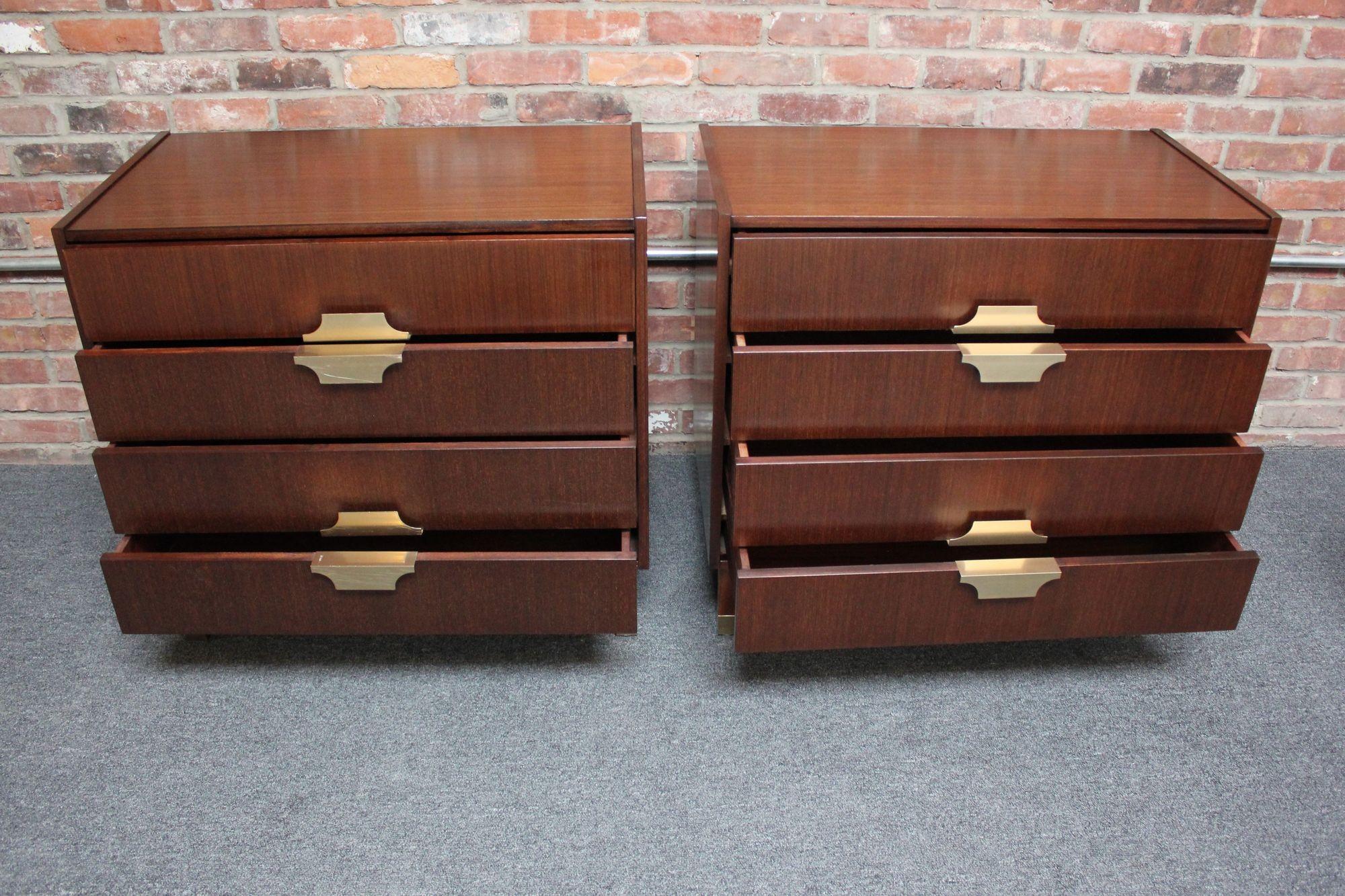 Pair of petite mahogany chests / nightstands by Longato Arredamenti of Padova (circa 1960s, Italy).
Jonathan de Pas, Donato D'Urbino, and Paolo Lomazzi were among the most notable designers for Longato Arredamenti, which began manufacturing Italian