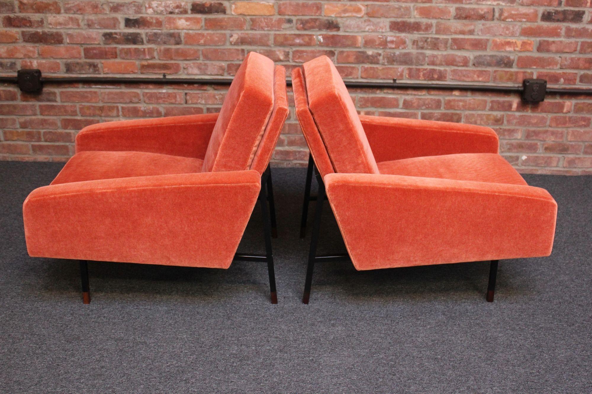 Pair of Italian Modernist Metal and Mohair Lounge Chairs by Campo and Graffi For Sale 1