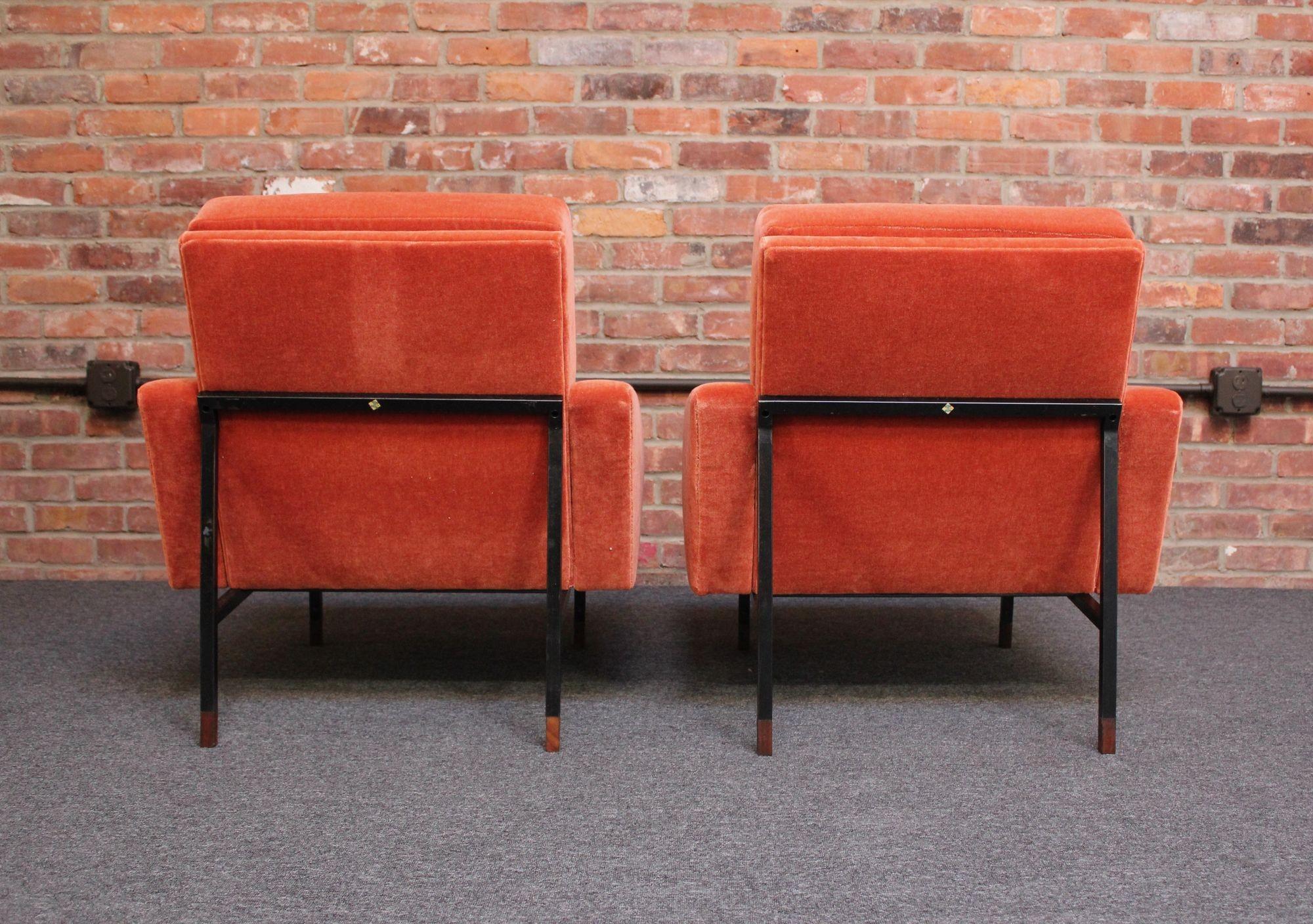 Pair of Italian Modernist Metal and Mohair Lounge Chairs by Campo and Graffi For Sale 2