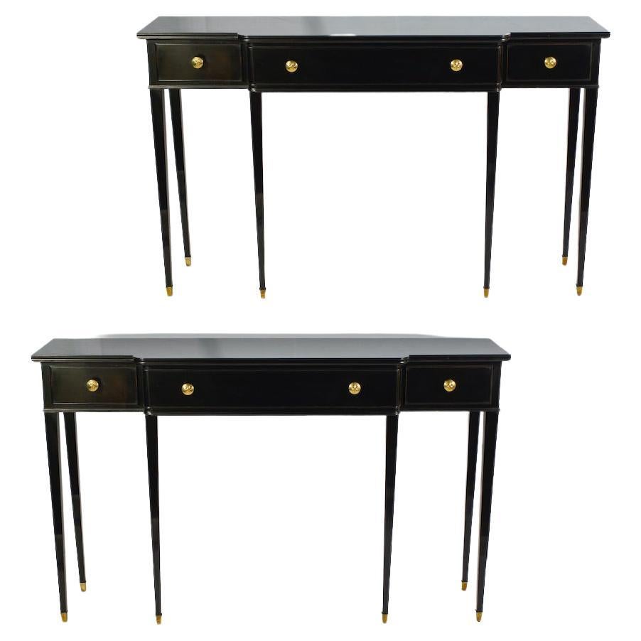 Pair of Italian Modernist Midcentury Black Lacquered Console Tables For Sale