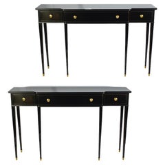 Pair of Italian Modernist Midcentury Black Lacquered Console Tables