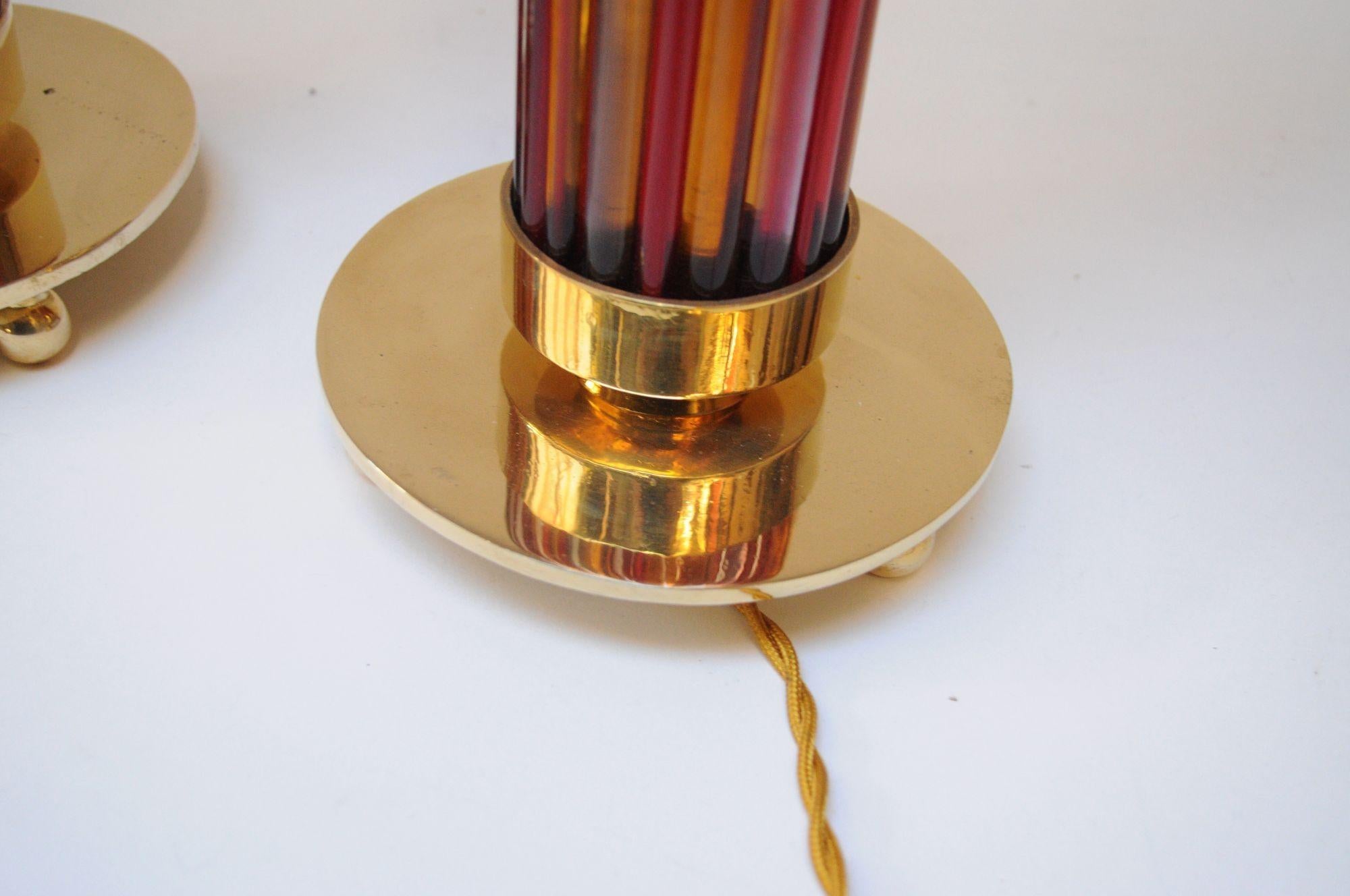 Pair of Italian Modernist Murano Reeded Glass and Brass Column Table Lamps For Sale 8