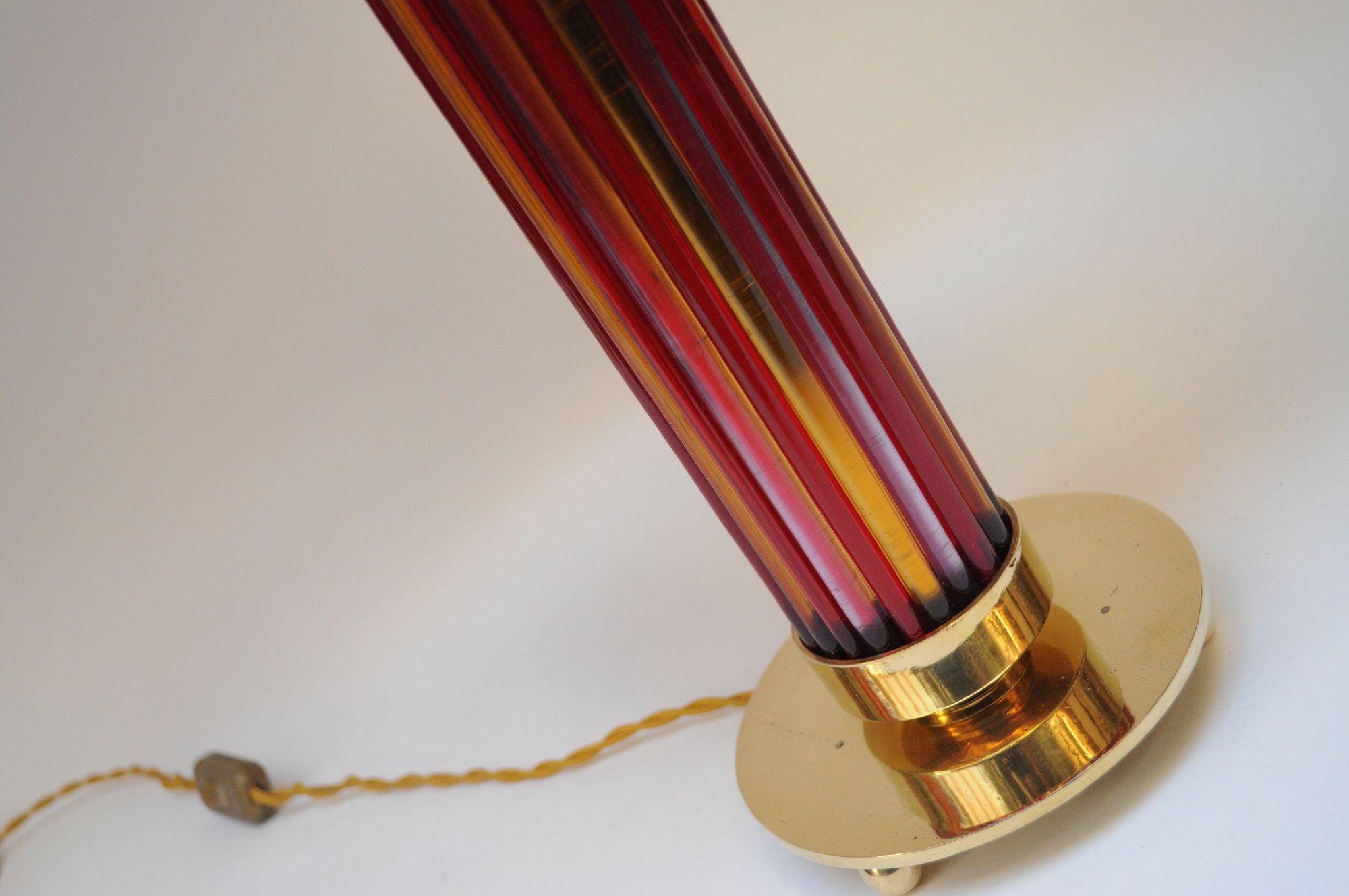 Pair of Italian Modernist Murano Reeded Glass and Brass Column Table Lamps For Sale 4