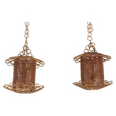 Vintage Pair of Italian Modernist Rattan & Wicker Wire Pendant Hanging Lights