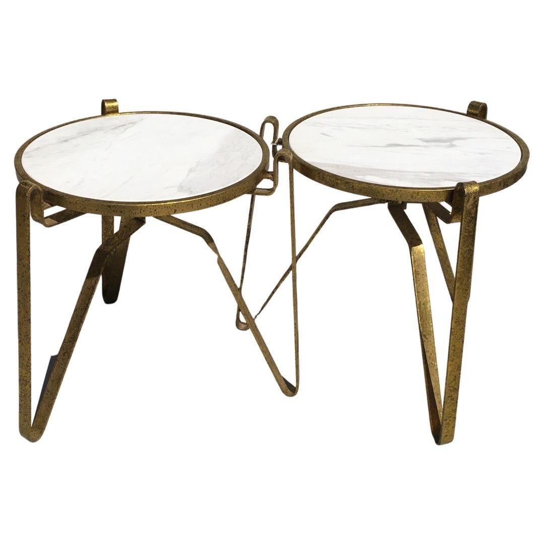 Pair of Italian Modernist Style Marble and Gold Leaf Metal Side Tables 2